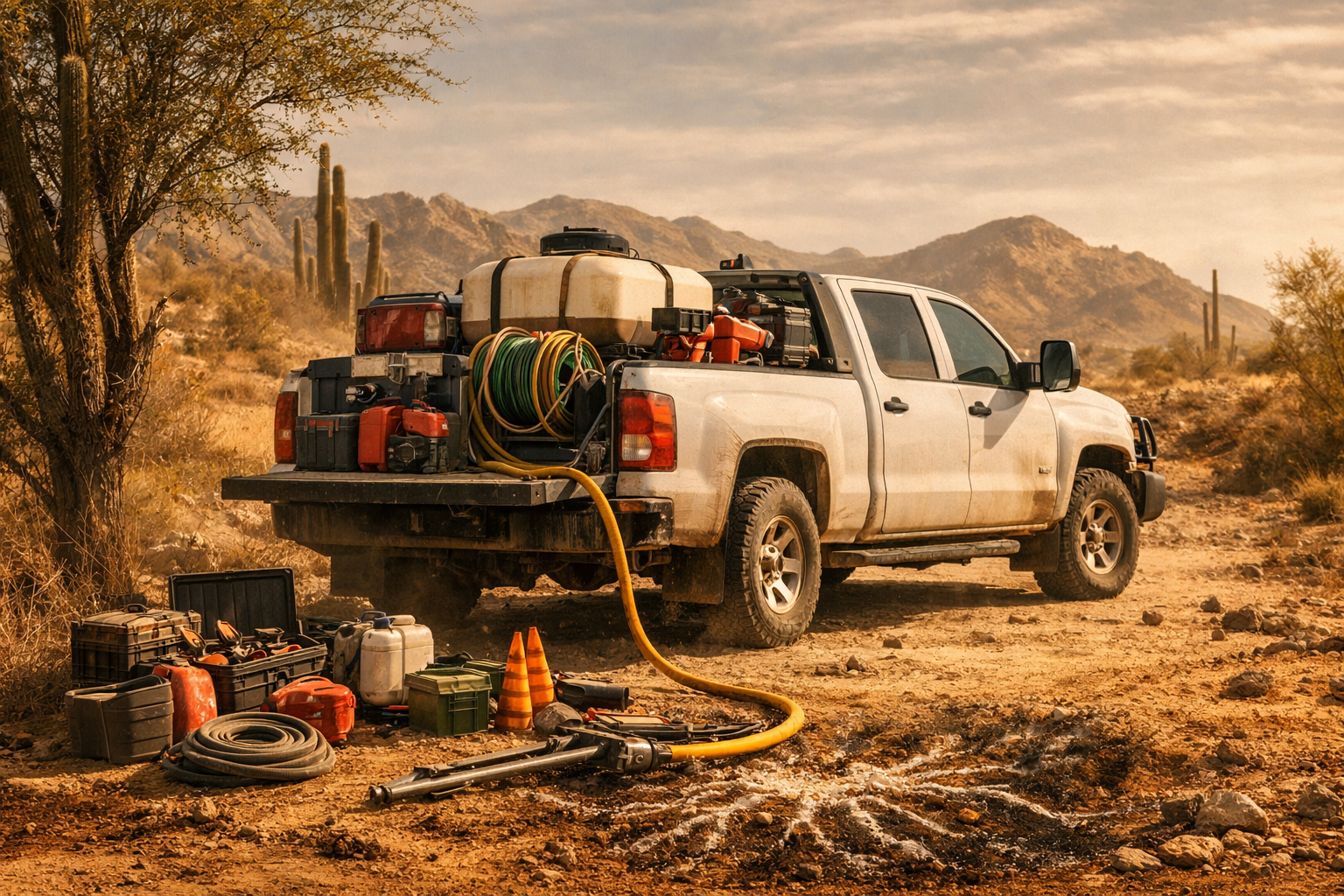 A white pickup truck outfitted with tools, hoses, and equipment in a desert landscape with mountains and cacti in the background.