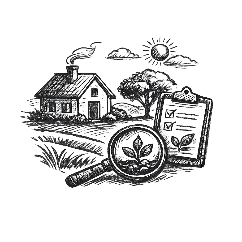 Black and white illustration of a house on a landscape with trees, a sun, and clouds. In the foreground, there is a magnifying glass focusing on a plant sprout, and a clipboard with checkboxes and a plant symbol.