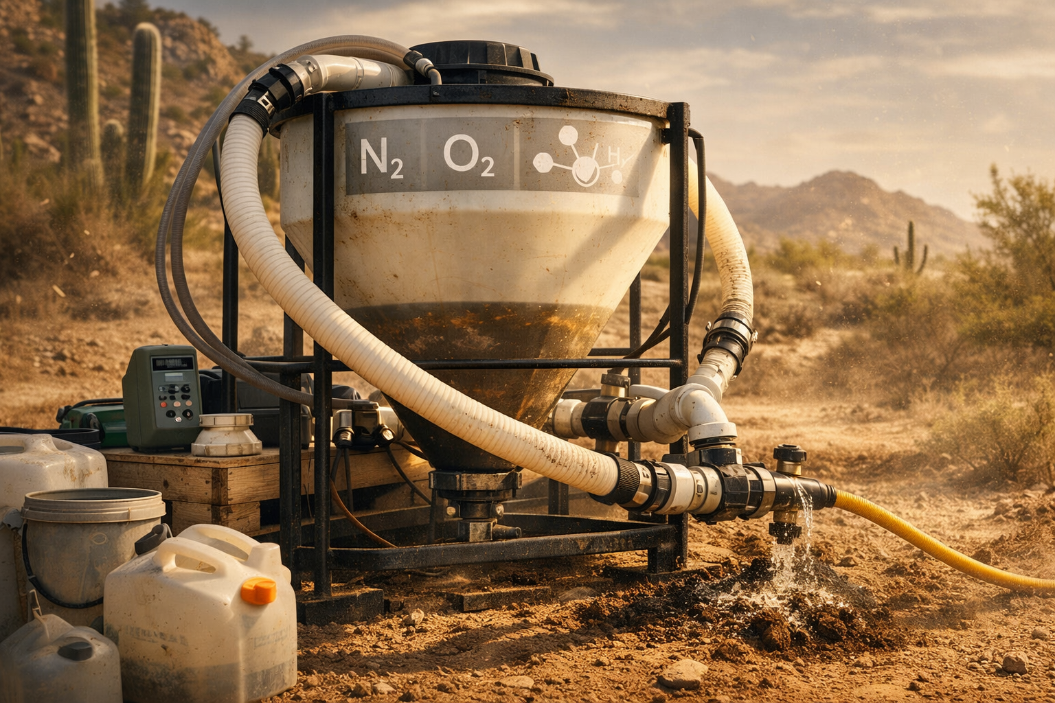 A desert water filtration or treatment system with large white container labeled with nitrogen and oxygen symbols, connected by hoses, with a mountain and cactus in the background.