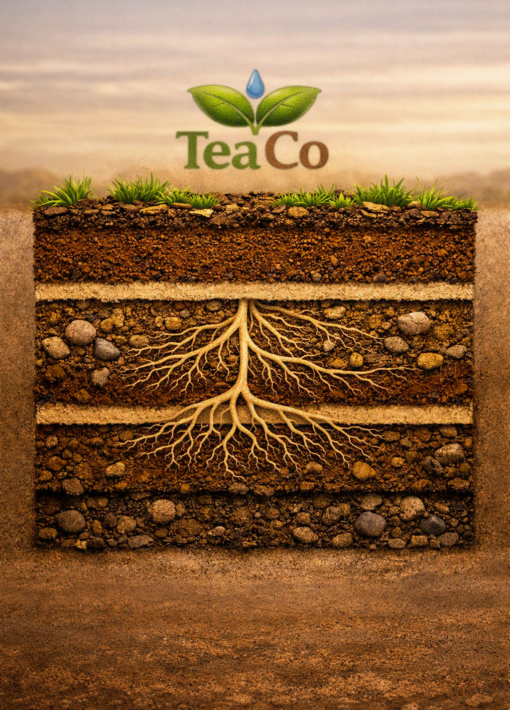 A cross-section of soil layers showing roots of plants growing, with a green and brown TeaCo logo featuring leaves and a water droplet above the soil.