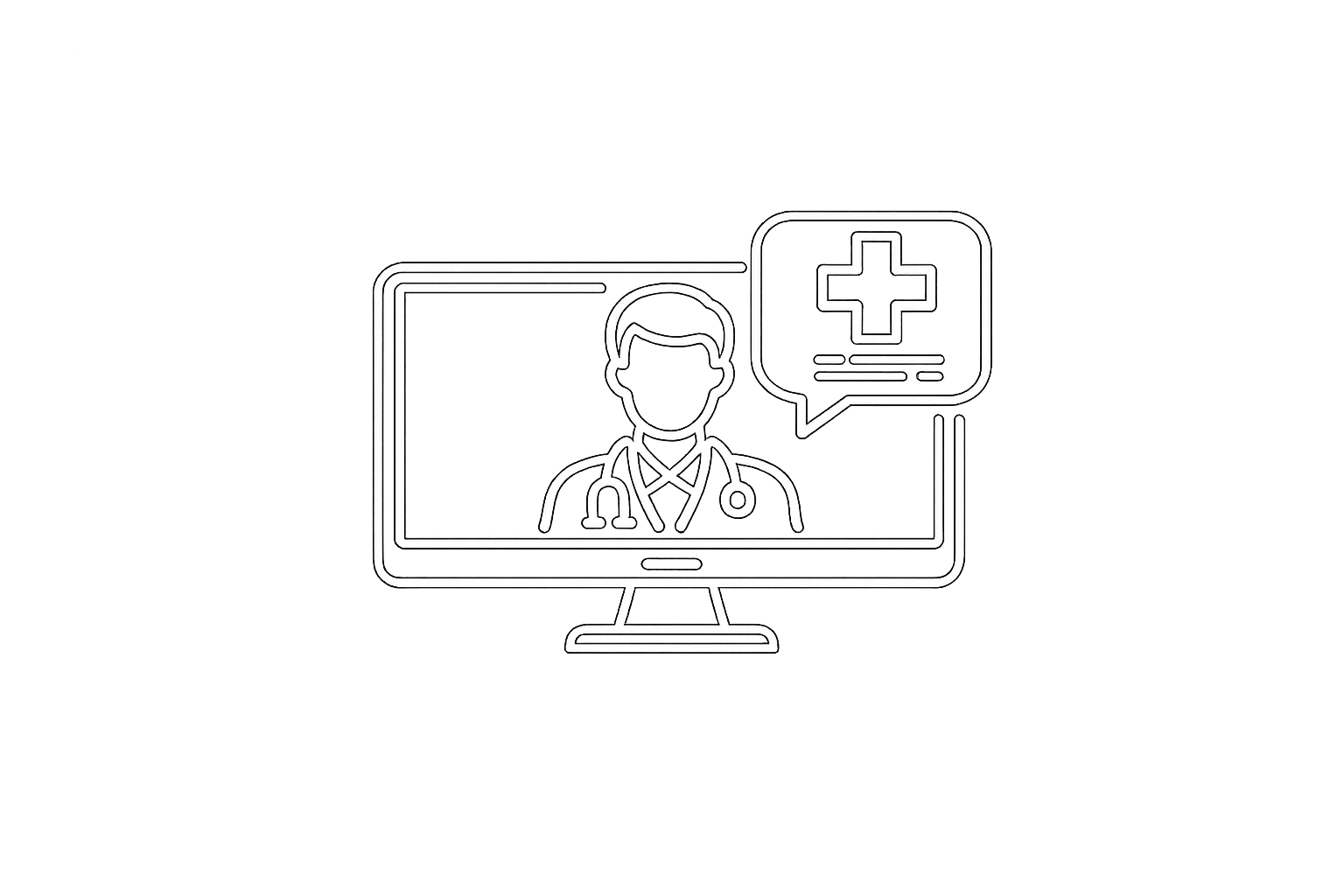 Line drawing of a healthcare professional with a stethoscope on a computer screen, including medical symbols like a cross, Wi-Fi signal, caduceus, and a speech bubble.