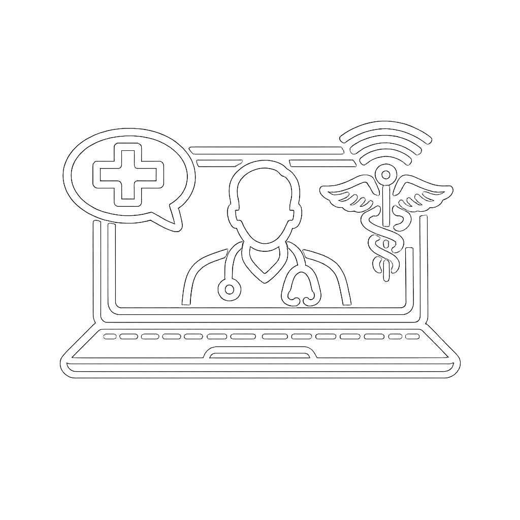 Line drawing of a healthcare professional with a stethoscope on a computer screen, including medical symbols like a cross, Wi-Fi signal, caduceus, and a speech bubble.