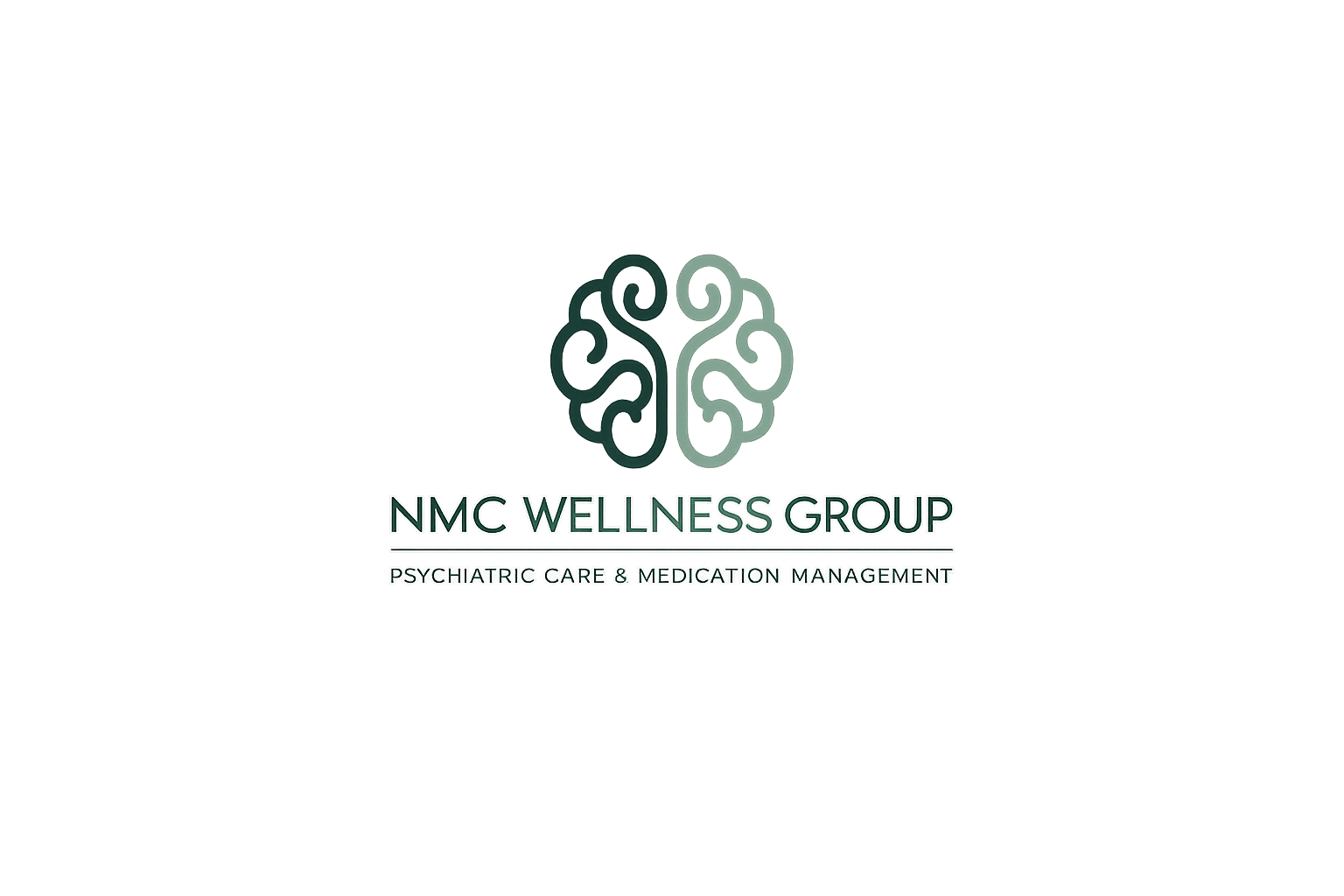 Logo of NMC Wellness Group with a stylized brain icon and tagline "Psychiatric Care & Medication Management" in purple and green colors.