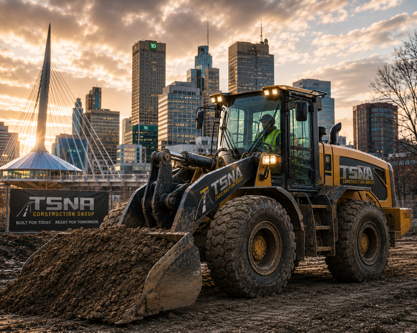 A construction machine (loader) moving dirt at a construction: TSNA Construction Group and the tagline 'Built on integrity, driven by excellence'.