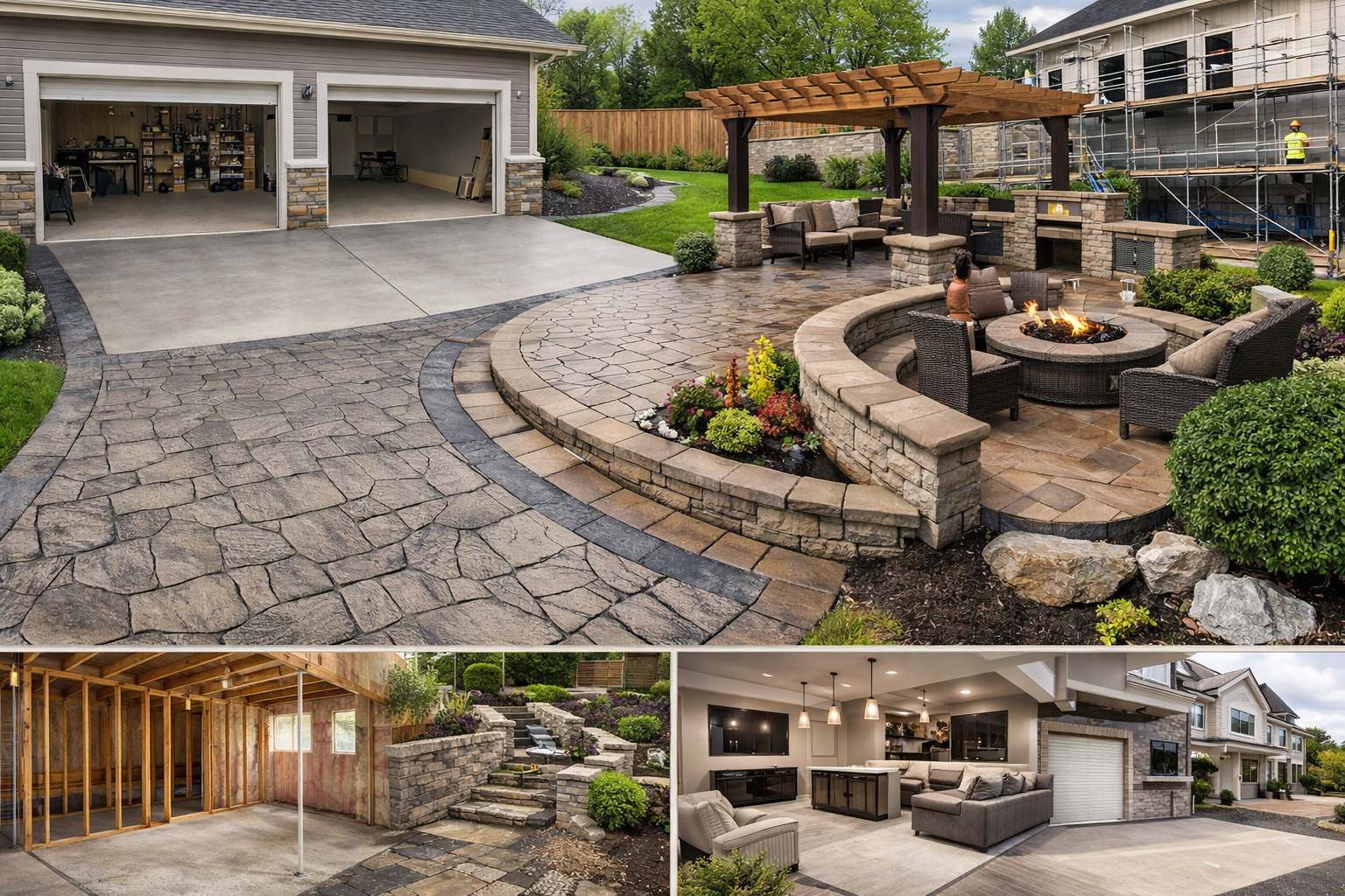 Collage of a backyard with a stone patio and fire pit, a construction site for a new garage, a finished basement with furniture, and a house with scaffolding under renovation.
