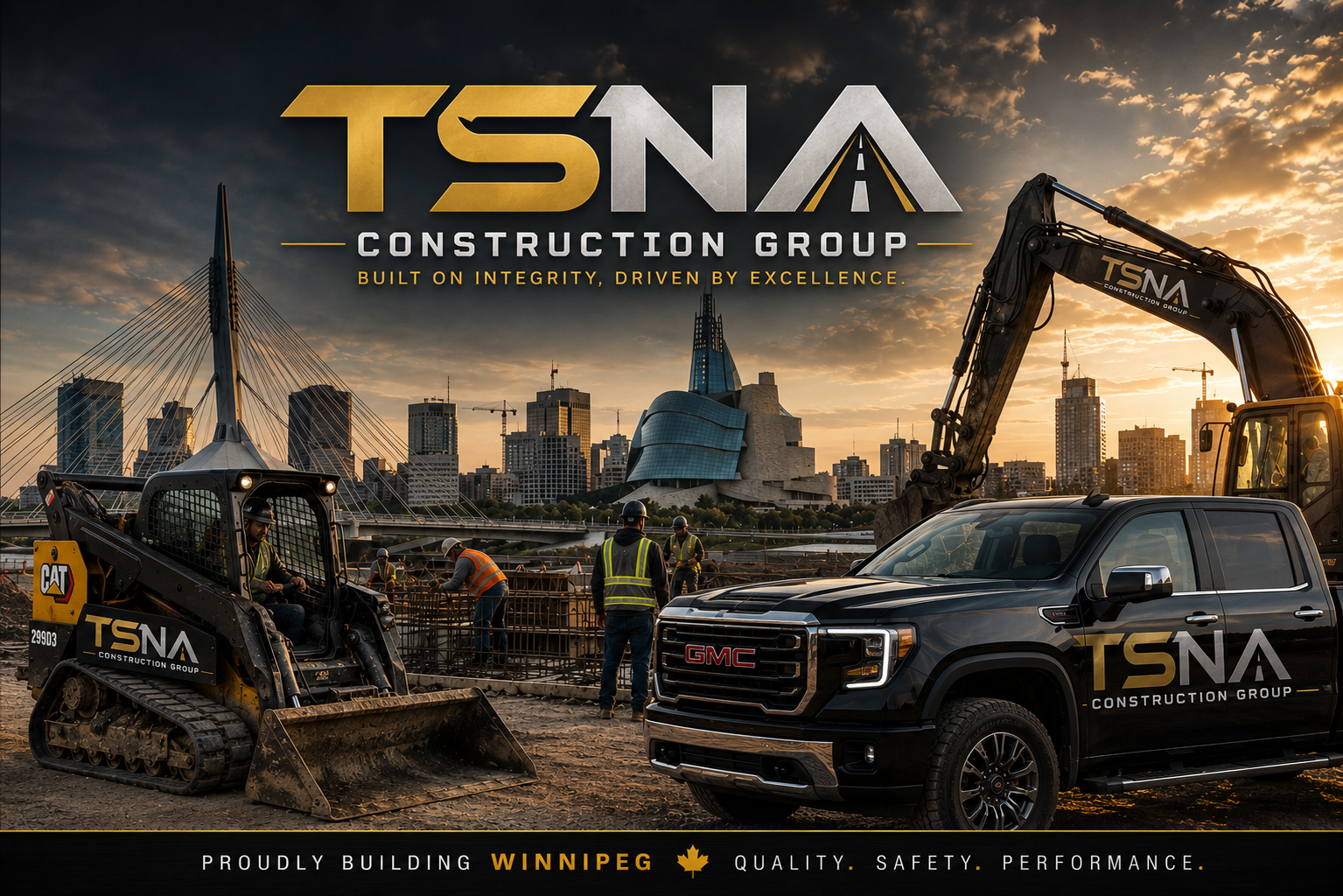Construction site in Winnipeg at sunset showing workers, heavy machinery, and the city skyline, with the logo of TSNA Construction Group and the tagline 'Built on integrity, driven by excellence'.