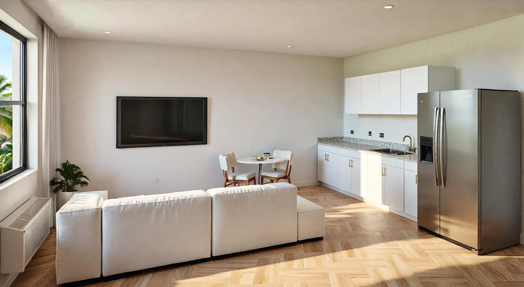 Open-concept living room and kitchen with white sofa, wall-mounted TV, small dining table with two chairs, stainless steel refrigerator, white cabinets, granite countertop, and hardwood floors.
