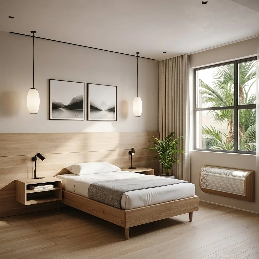 A minimalist bedroom with two beds, wooden furniture, modern lighting, framed black-and-white landscape artwork, large window with view of lush green palm trees, and neutral color tones.