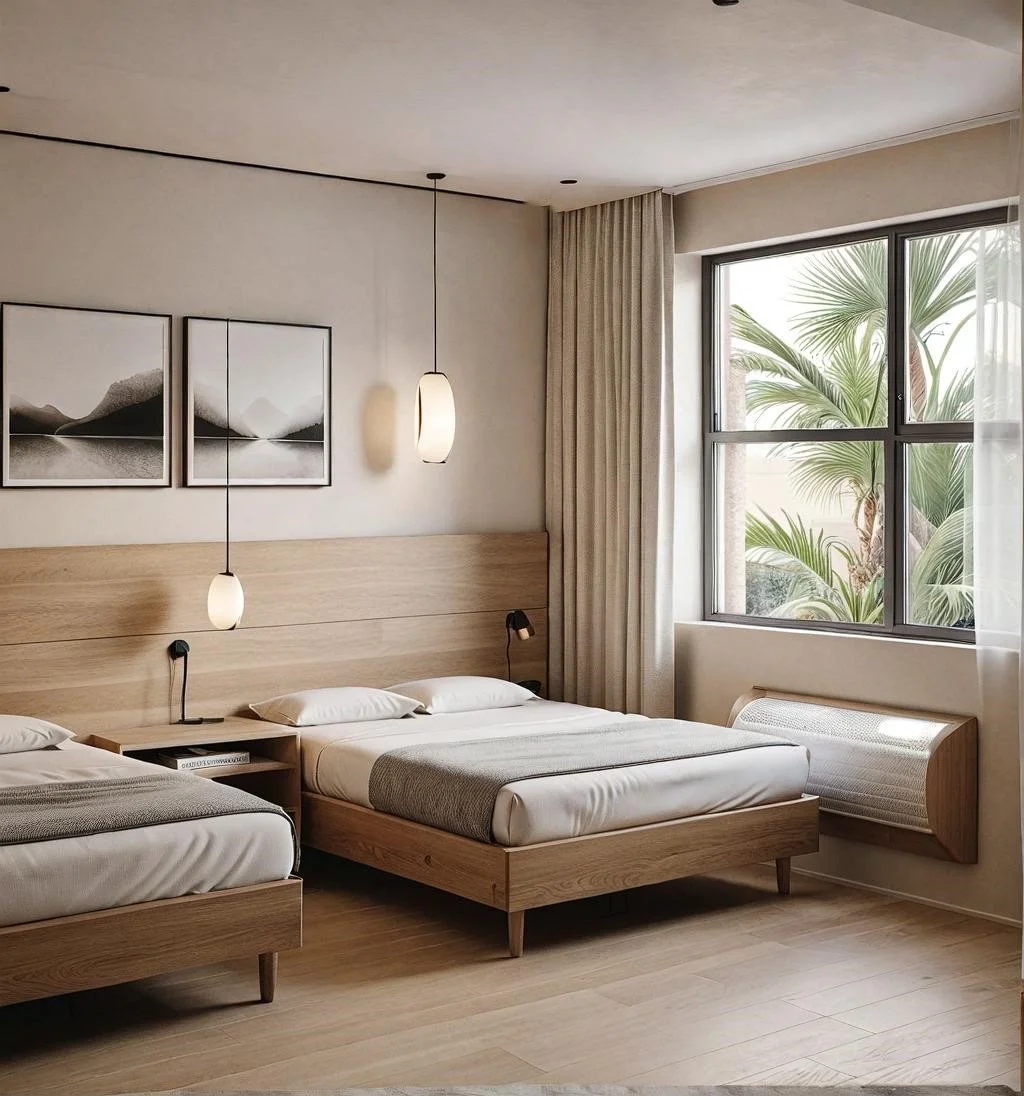 A modern hotel room with two twin beds, a large window with a view of palm trees, and minimalist decor including black and white landscape art and hanging lamps.