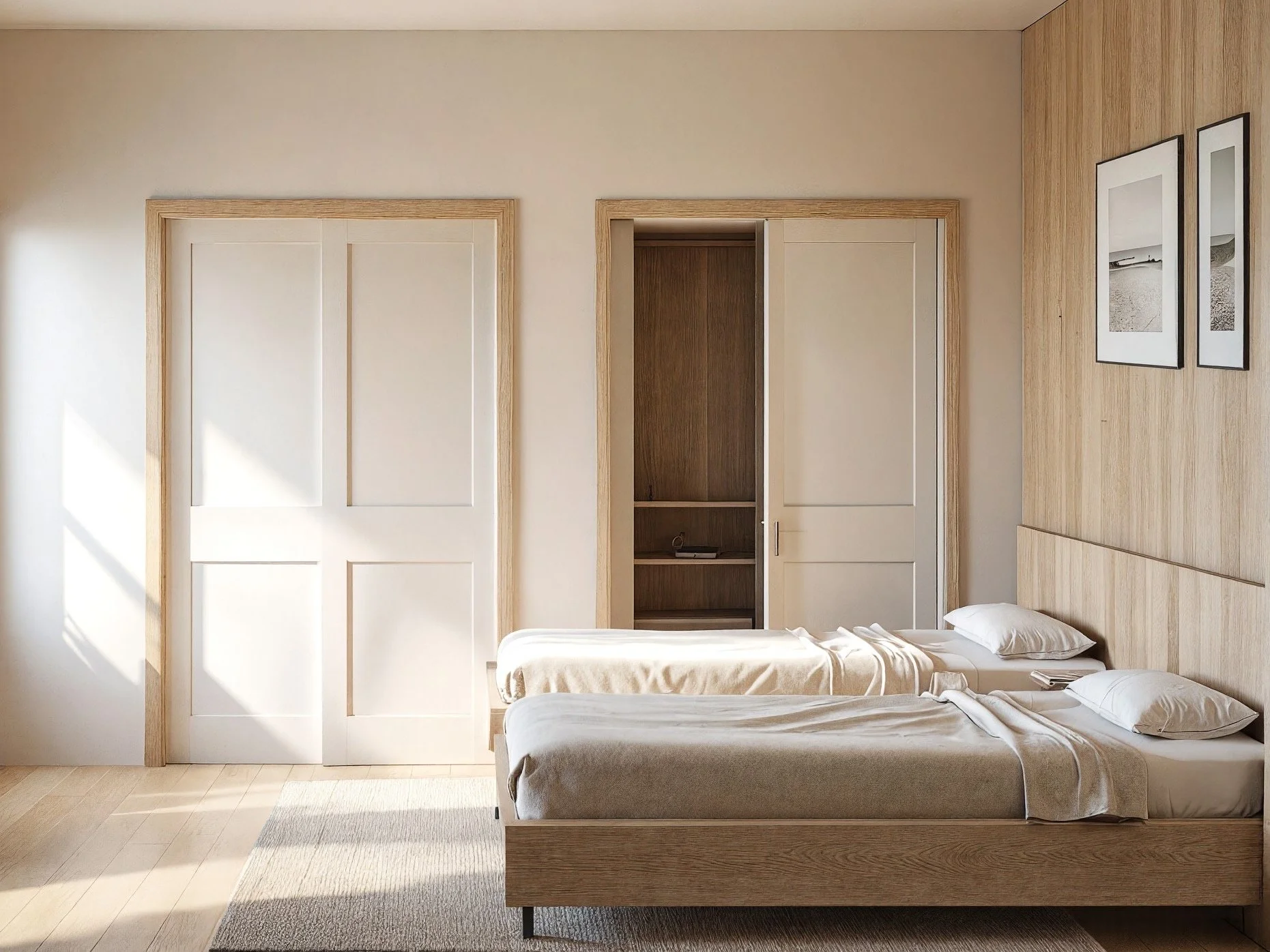 A minimalist bedroom with two single beds, beige bedding, and pillows. There are wooden accents, including a headboard and closet doors, with framed black-and-white beach photos on the wall. Natural light illuminates the room.