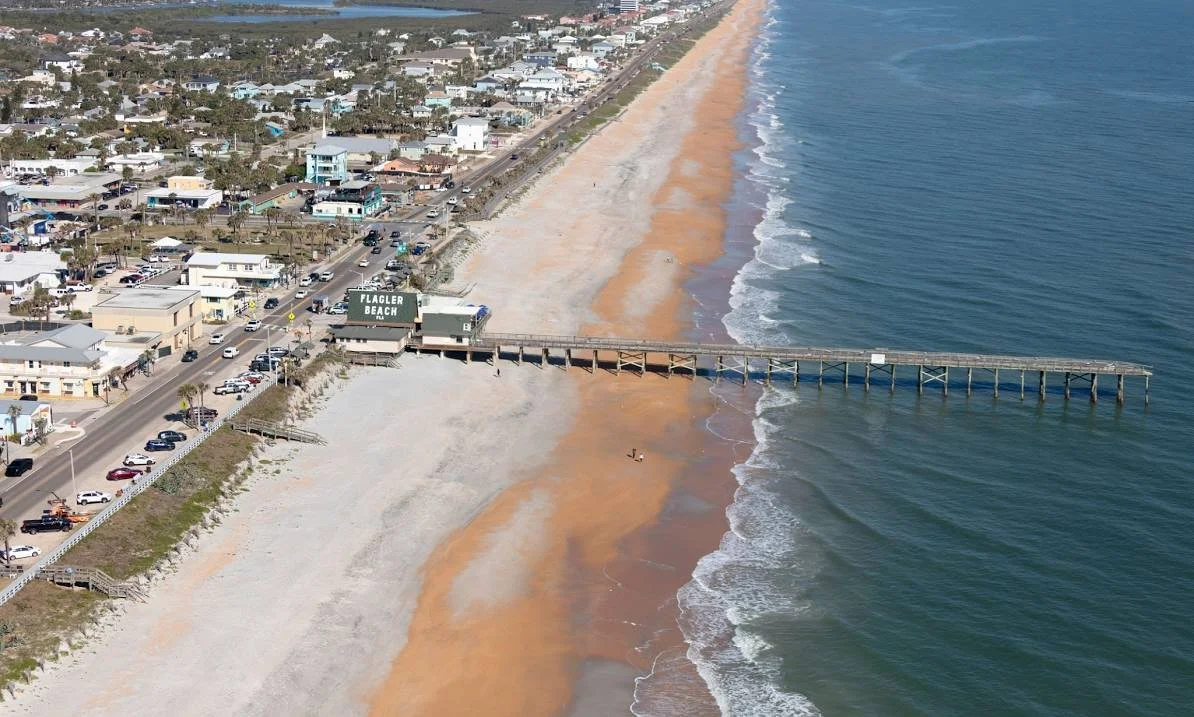 An aerial view of Flagler Beach, showing the shoreline, sandy beach, pier extending into the water, and nearby houses and buildings along the coast.