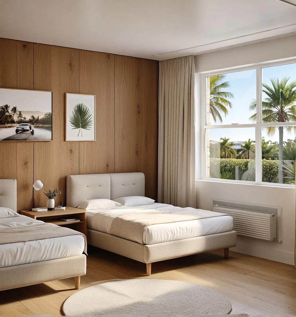 A bedroom with two beds, a wooden accent wall, framed wall art, a side table with a lamp and plant, beige curtains, large window showing palm trees and clear sky, and light-colored flooring with a round rug.