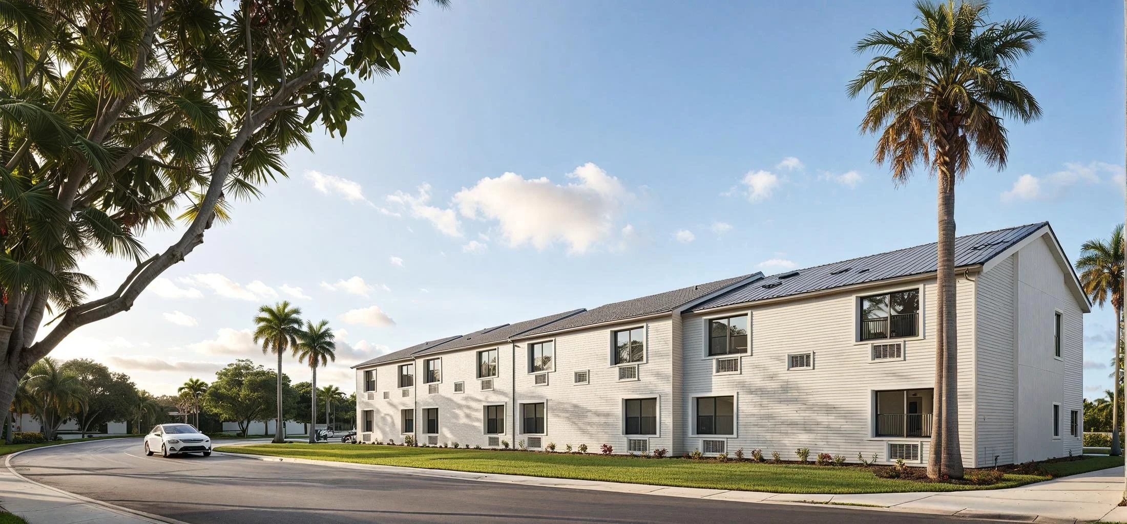 A group of palm trees surrounding a white multi-story apartment building with a gray roof, situated along a curved road with a white car parked nearby, under a partly cloudy sky.