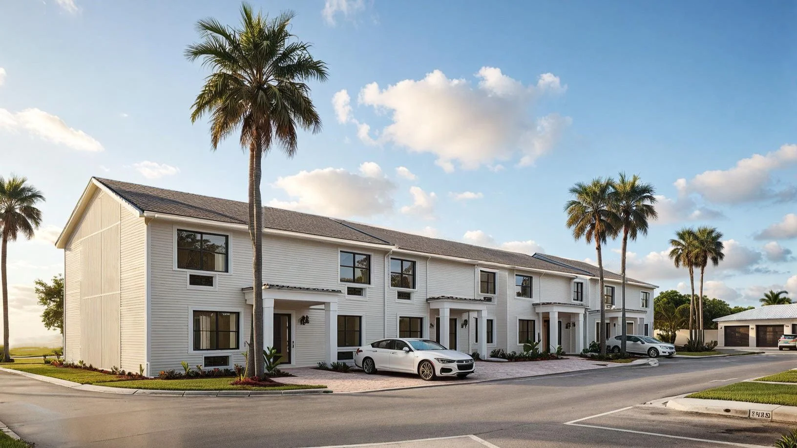 A row of modern white townhouses with black-framed windows and cars parked in front, surrounded by tall palm trees under a partly cloudy sky.