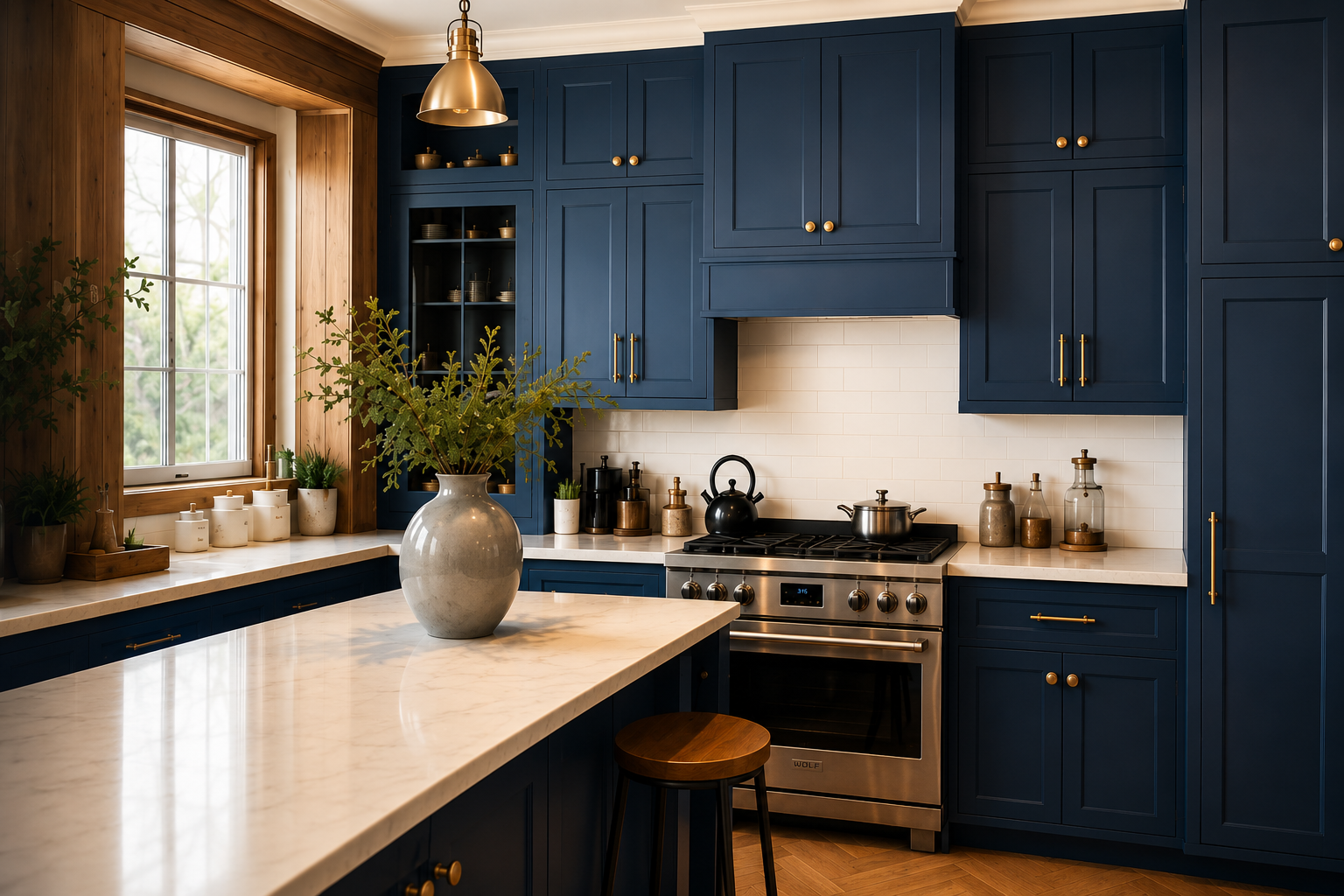 Modern kitchen with blue cabinets, white countertops, and a large window with wooden trim. A vase with greenery is on the island, and various jars and kitchen utensils are on the counters. The stove is stainless steel with black kettles and pots, and there is a brass pendant light hanging from the ceiling.
