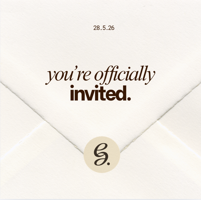 Invitation card with the text "28.5.26 you're officially invited." and a decorative lowercase 'g' at the bottom.