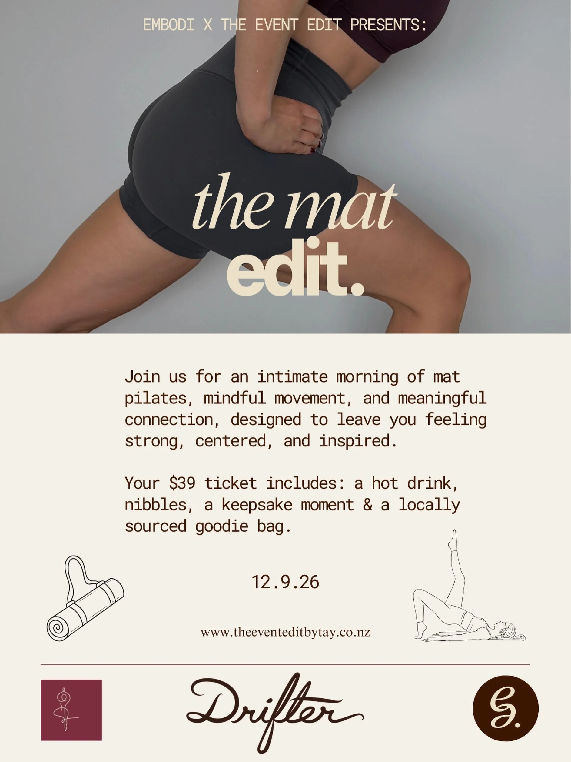 The Mat Edit is here 🤎

we have teamed up with @em.bodi.pilates to bring you something really special - an intimate morning designed to move you, ground you and connect you to the people around you.

Held at the Drifter,
Saturday 12th September @ 9A