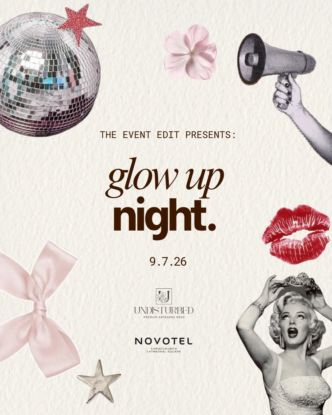 Event poster for 'Glow Up Night' with a disco ball, pink flower, megaphone, red lipstick kiss, Marilyn Monroe, star, and pink bow on a textured background.
Christchurch event planner Taylor McKenzie at Glow Up Night Novotel.
