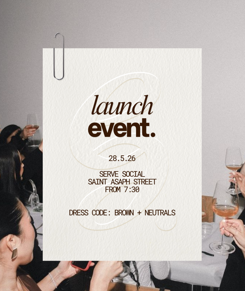 Invitation poster for a launch event with details about date, time, dress code, and location, with people holding wine glasses in the background.