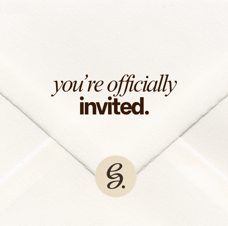 A cream-colored invitation card with the message 'you're officially invited' in brown text and a lowercase 'g.' in a circle at the bottom center.