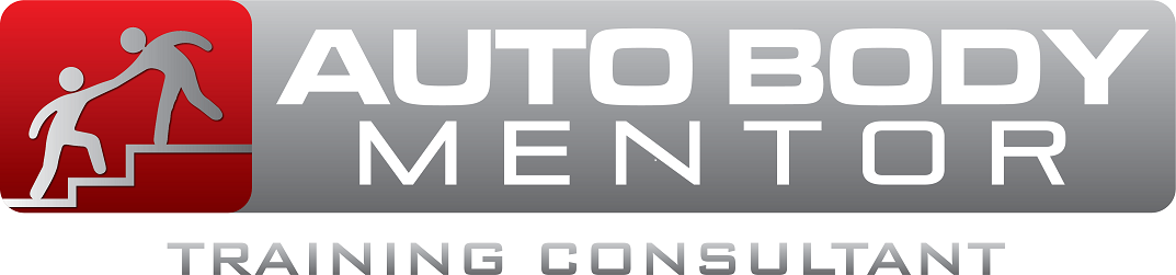 Logo for Auto Body Mentor featuring a stylized red and gray graphic of a person helping another up stairs, with the text "AUTO BODY MENTOR" and "TRAINING CONSULTANT."