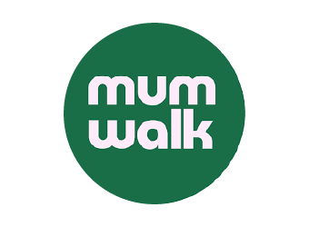Green circular logo with white text that reads "mum walk".