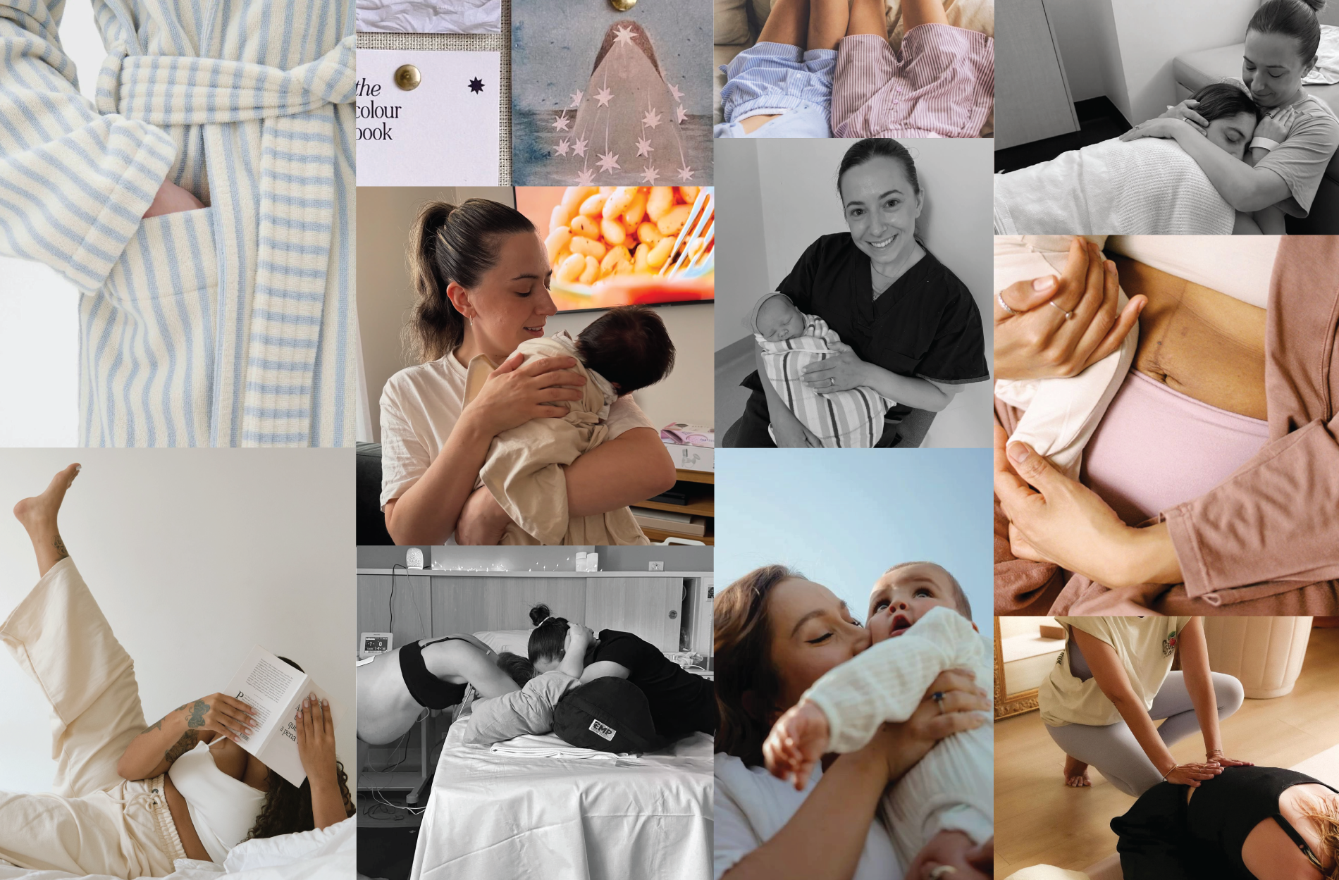 A collage of various images depicting Steph the Doula with newborn babies, mothers, women, in different settings, engaging in activities like holding, hugging, resting, reading, and interacting with each other.