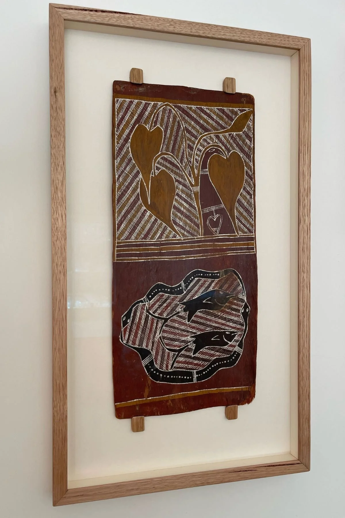 Aboriginal bark painting diptych in a Tasmanian oak box frame