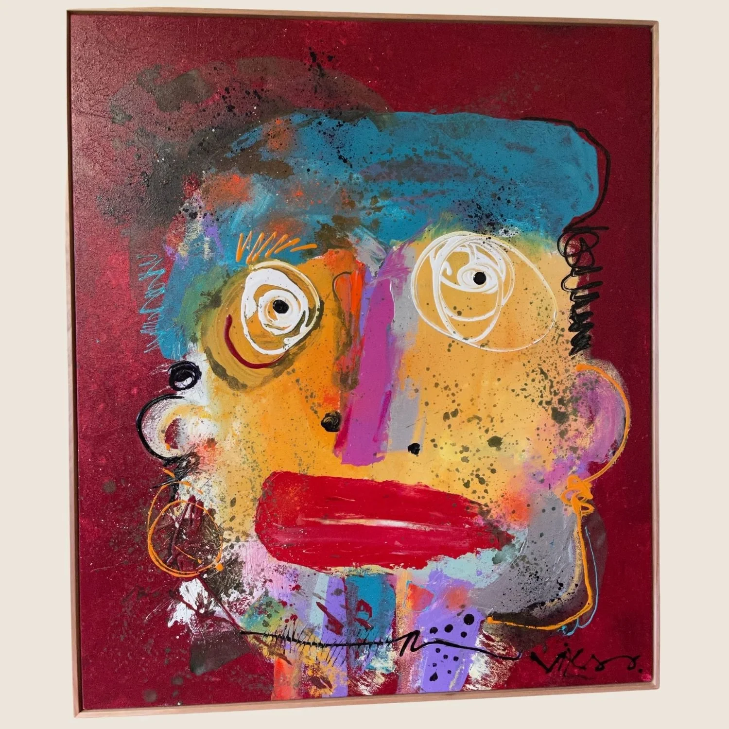 Abstract face painting in a slim blush-toned float frame