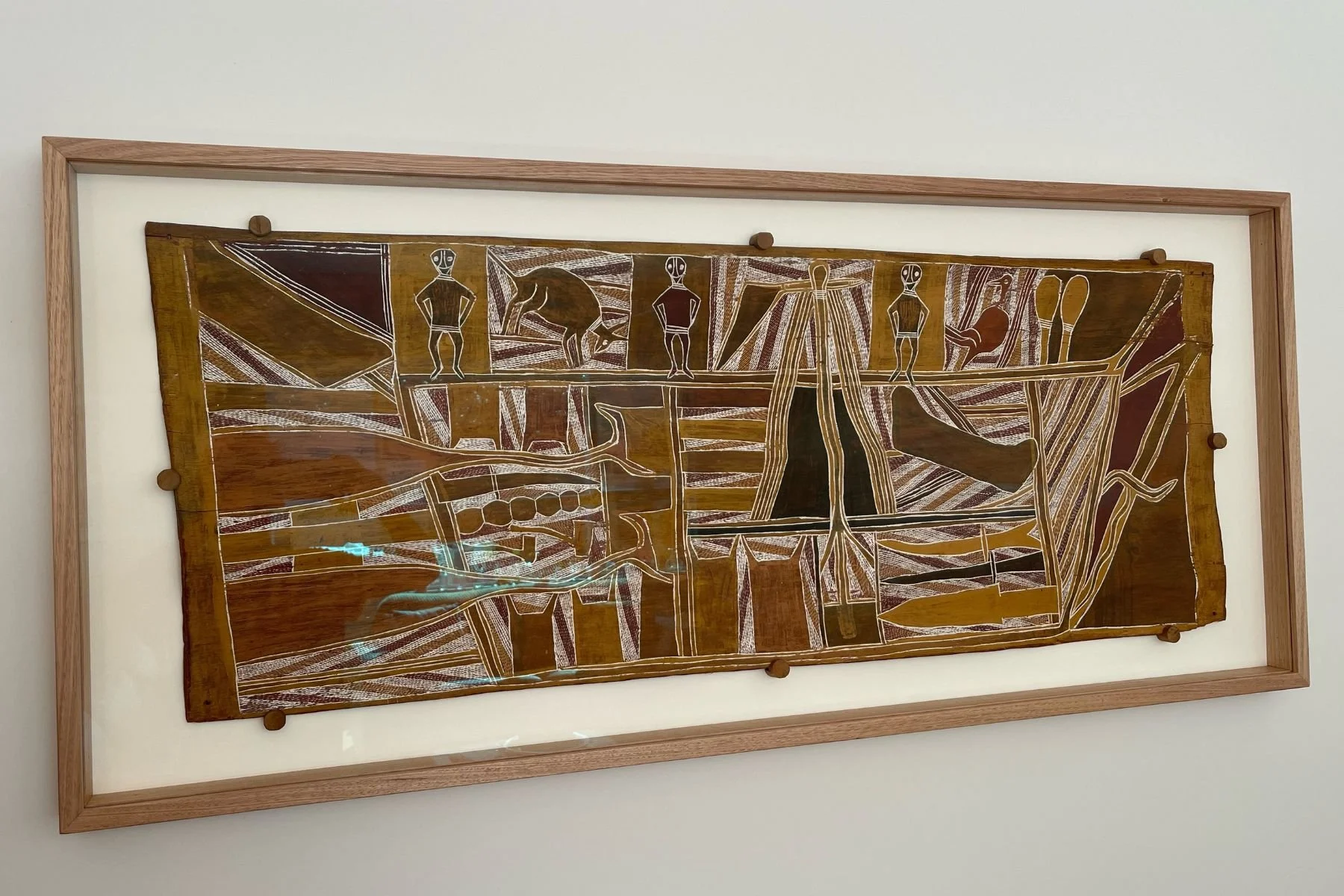 Aboriginal bark painting in a conservation Tasmanian oak box frame