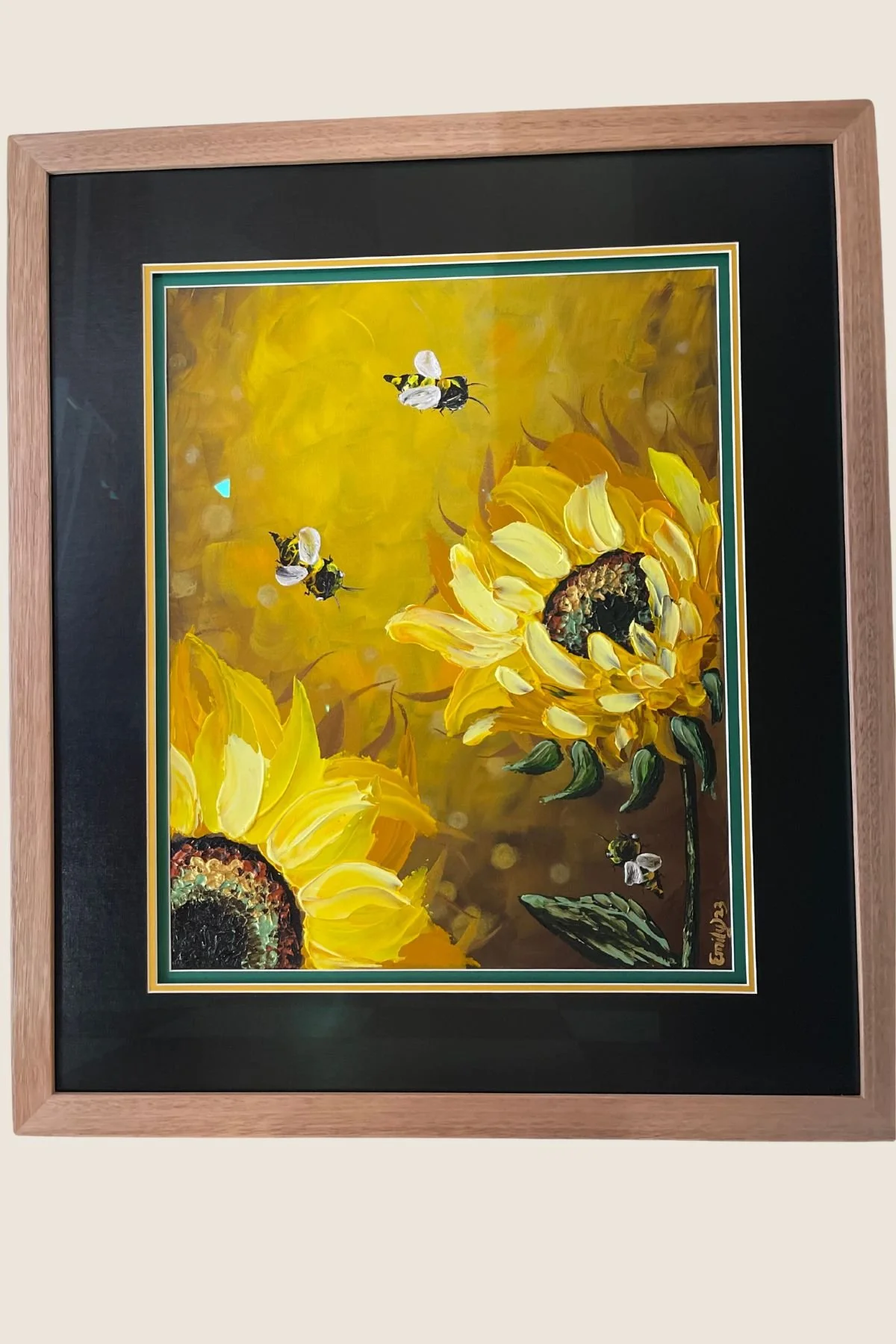 Sunflower oil painting in a natural oak frame with double mat