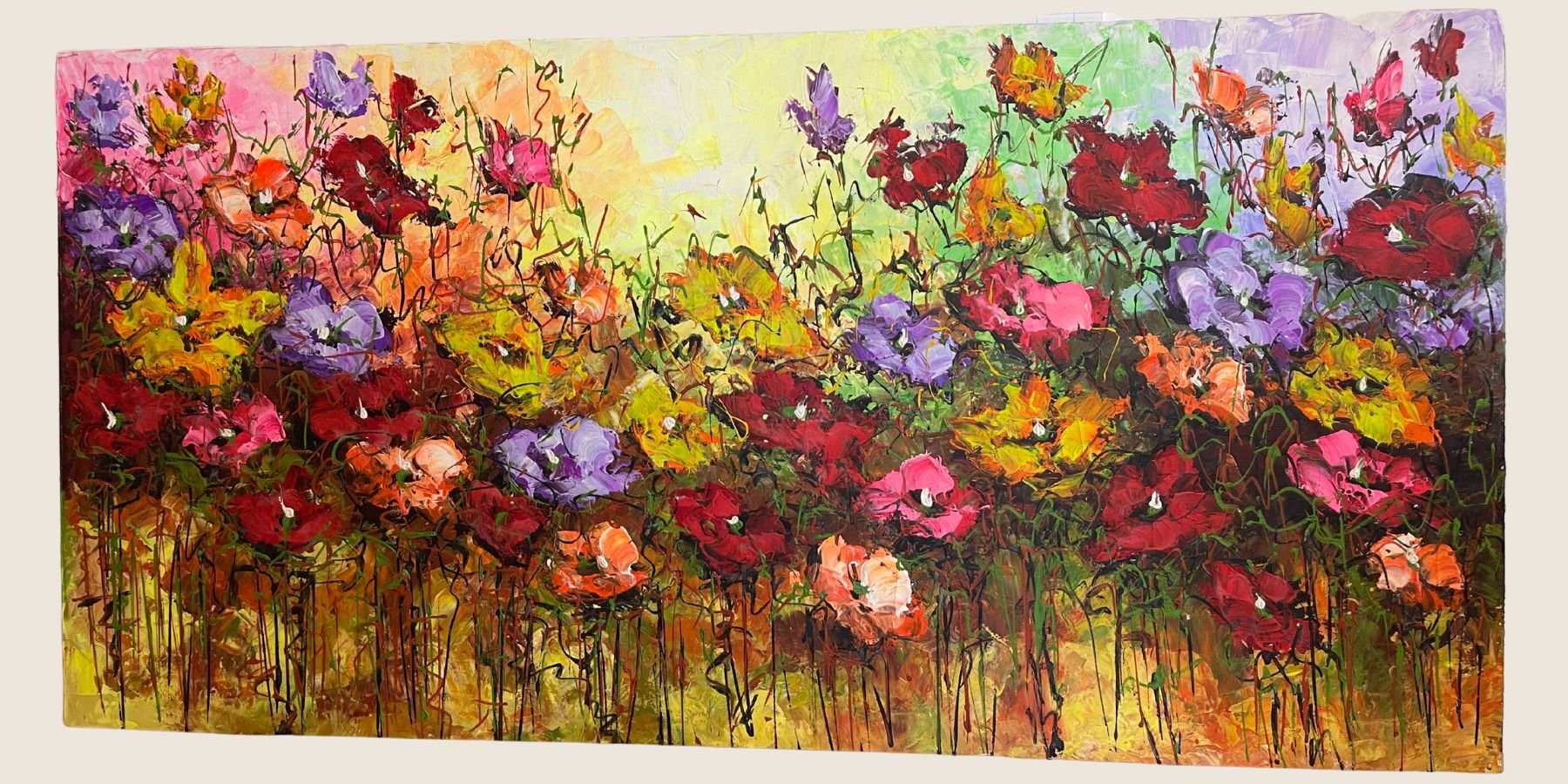Floral meadow oil painting, stretched canvas