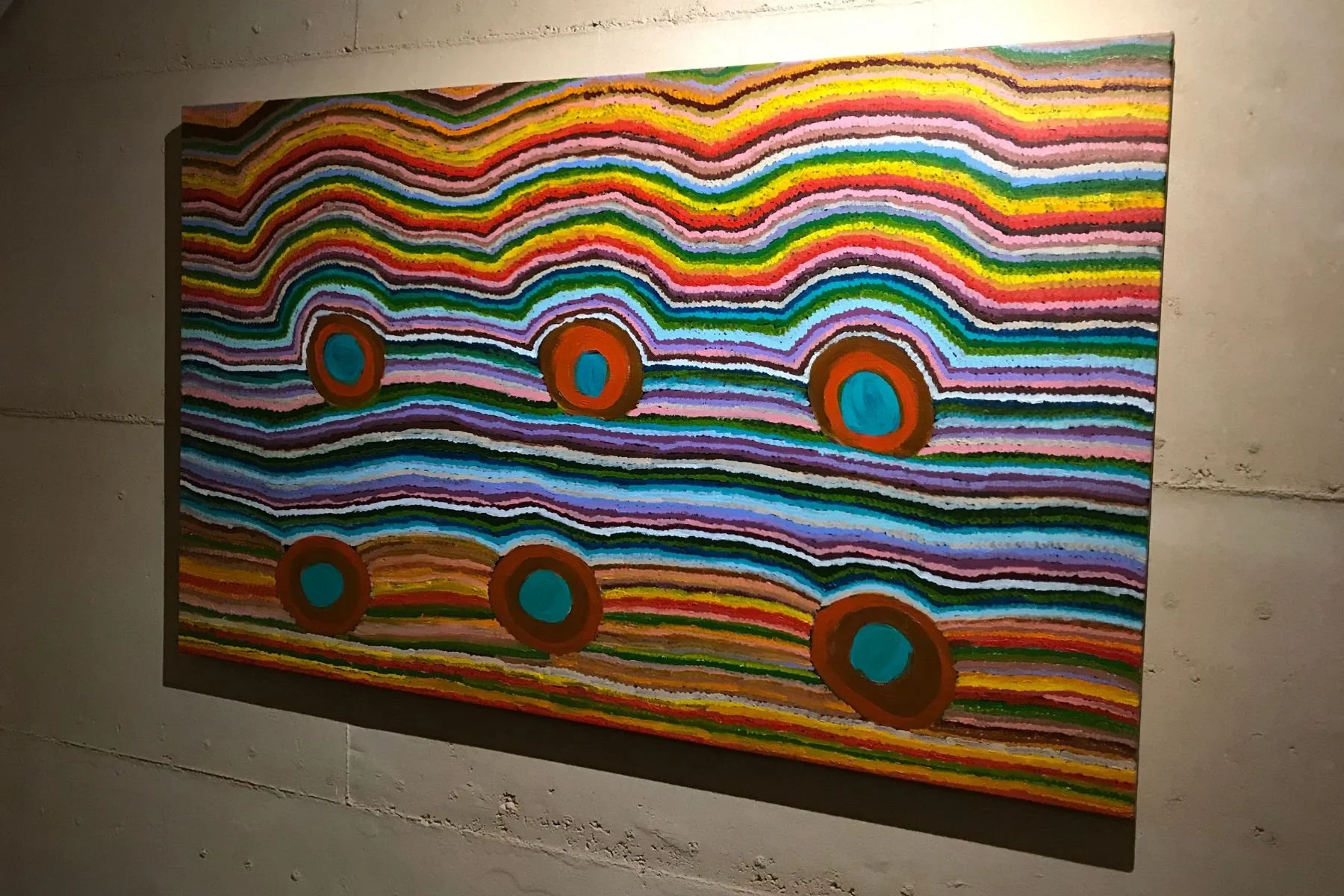 Aboriginal stripe painting, stretched canvas, gallery installation