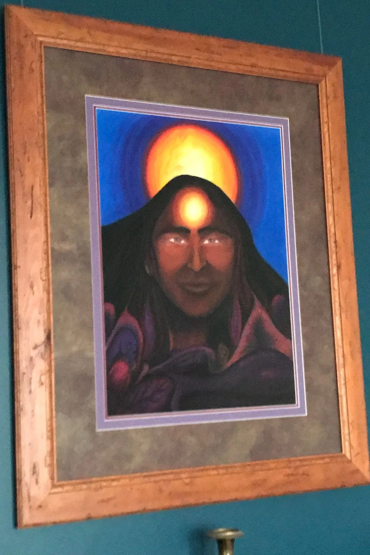 Spirit guide portrait in a burled timber frame, suede mat