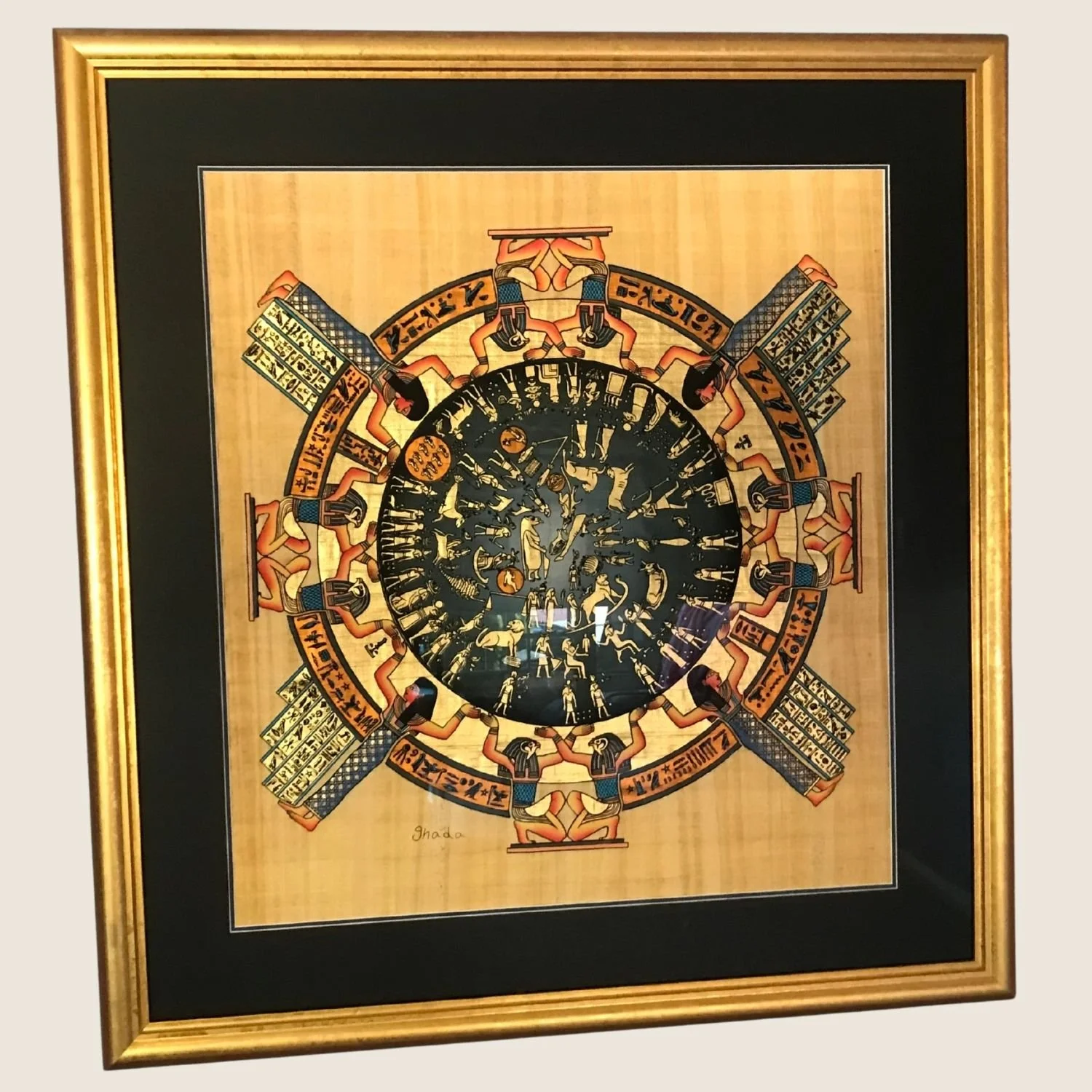 Egyptian zodiac mandala on papyrus, gold frame with black mat
