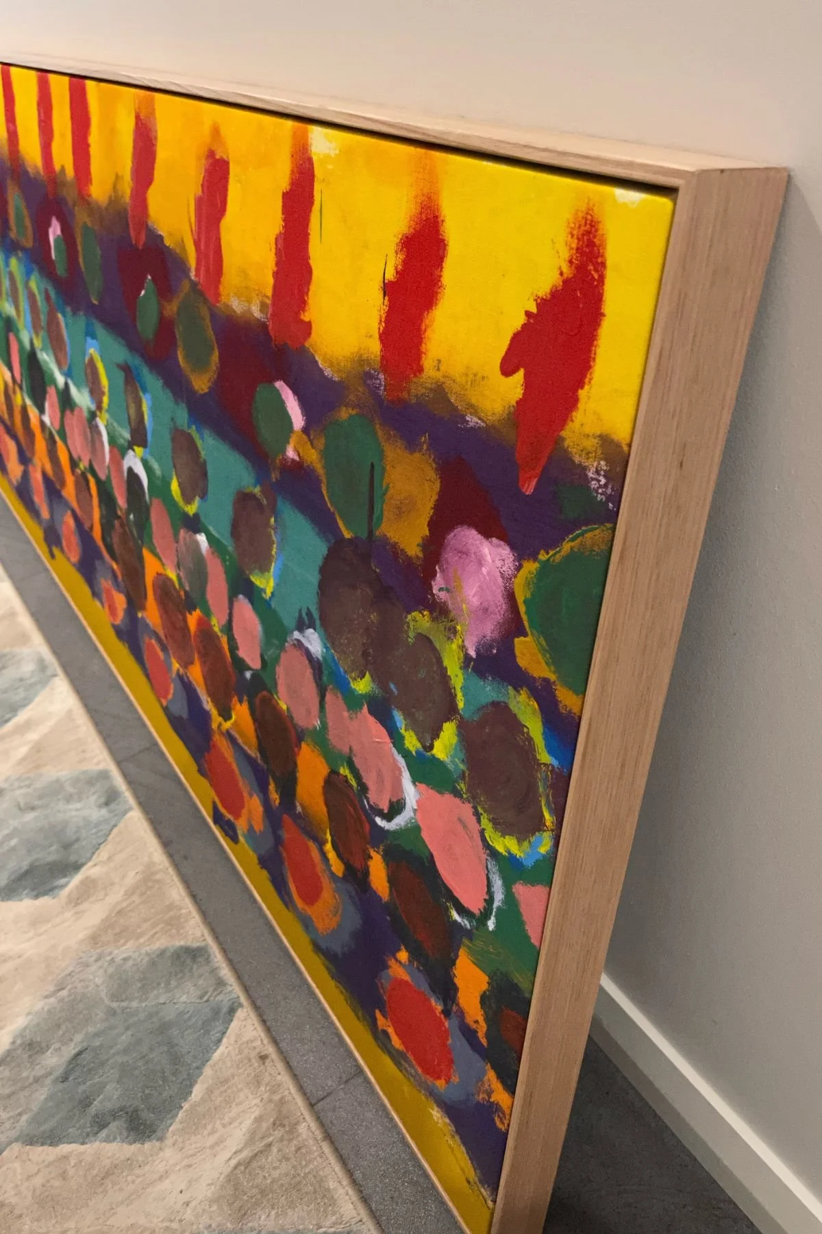 Abstract dot canvas in a natural oak tray float frame