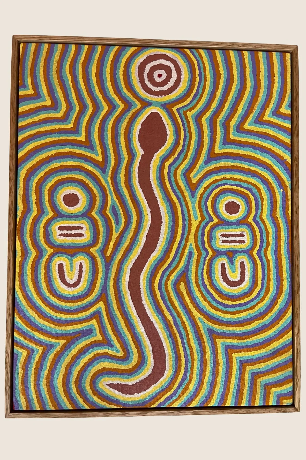 Contemporary Aboriginal painting in a natural oak float frame