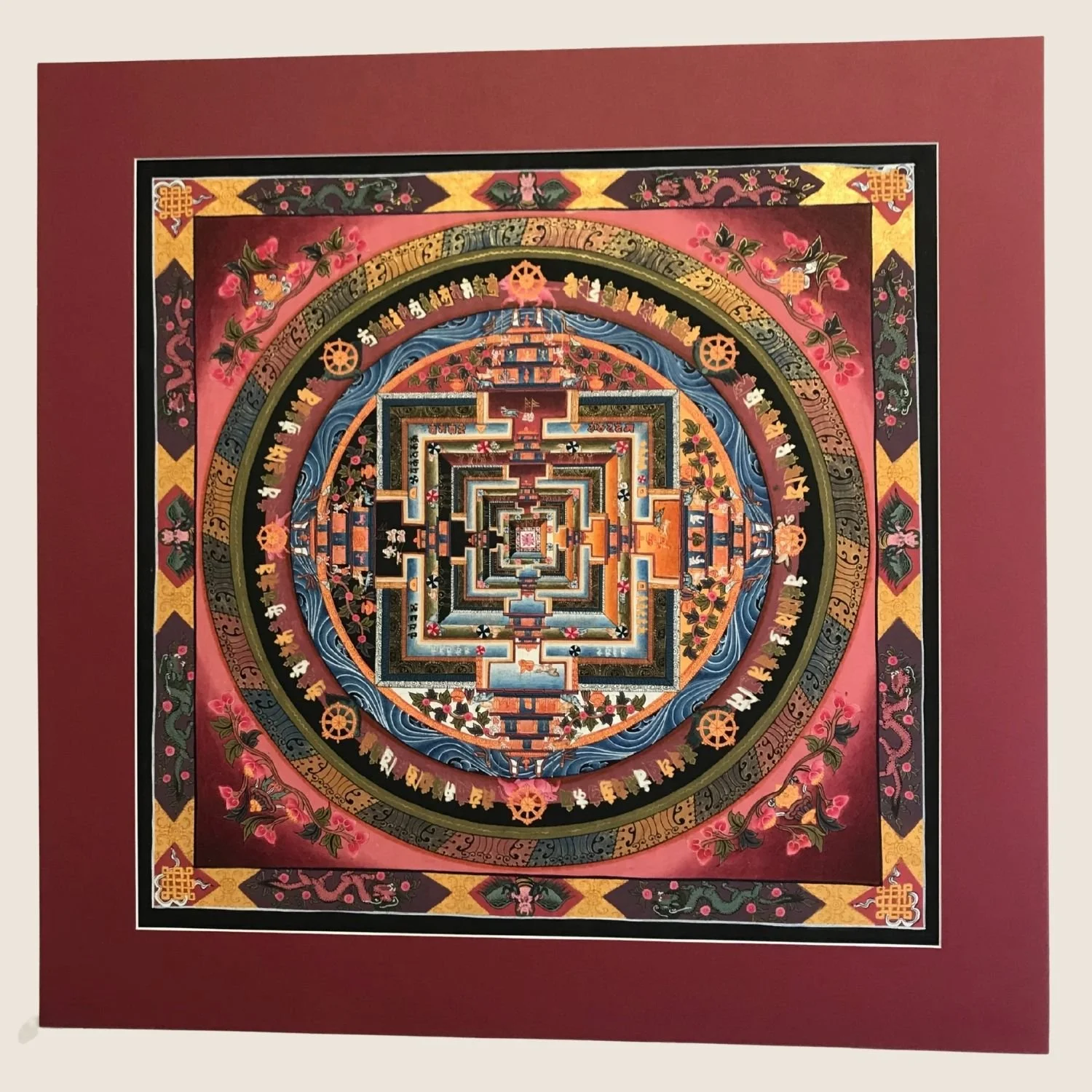 Tibetan Kalachakra mandala thangka, deep red mat