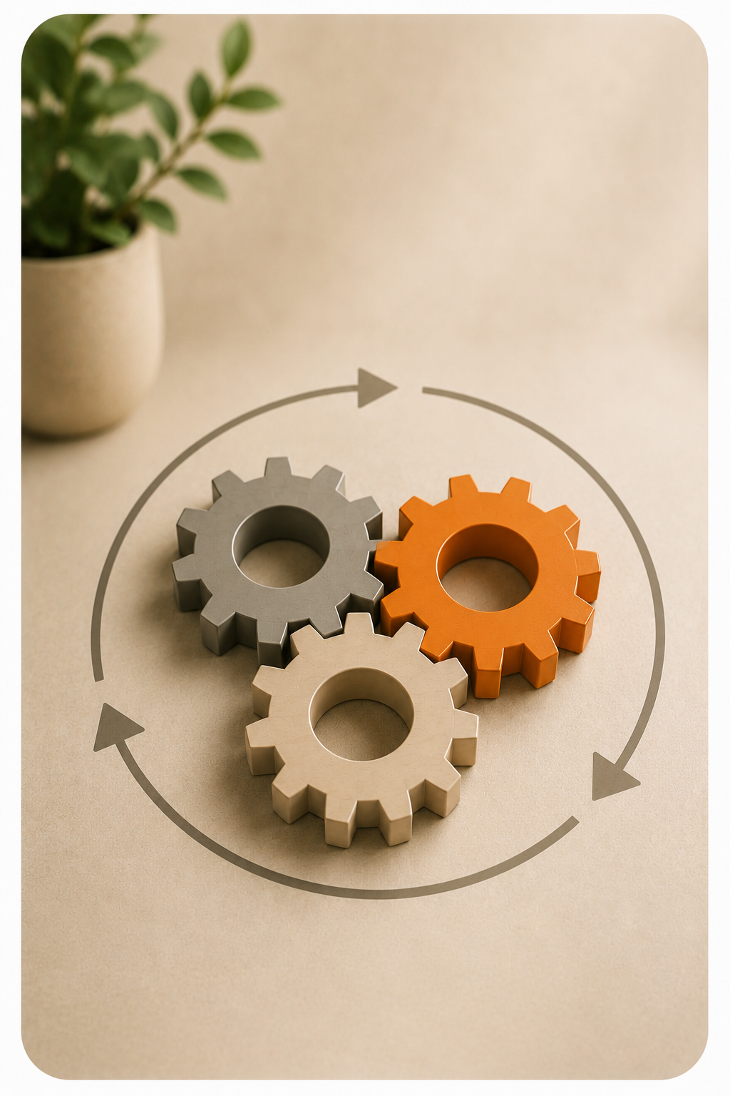 Three interlocking gears in gray, beige, and orange, with an arrow forming a circle around them, on a beige background with a potted plant in the corner.