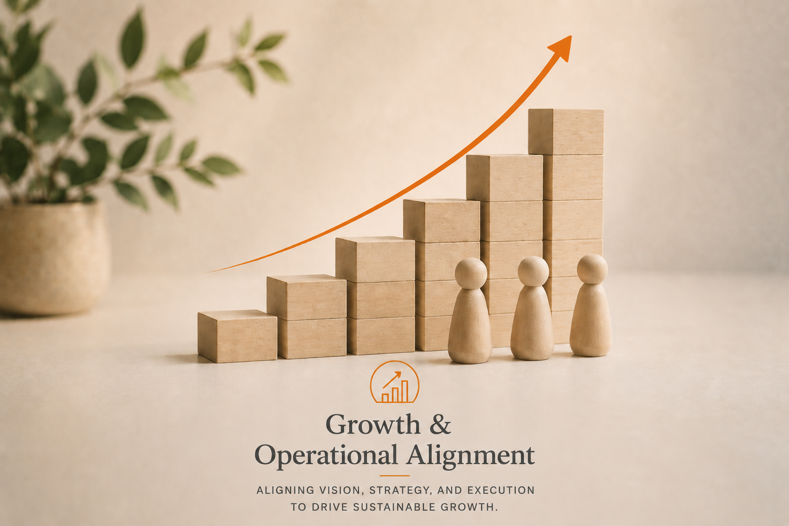 A visual representation of growth with wooden blocks stacked in increasing height, accompanied by wooden figurines, a line graph with an upward trend, and the text 'Growth & Operational Alignment' with additional smaller text about strategy and sustainability.