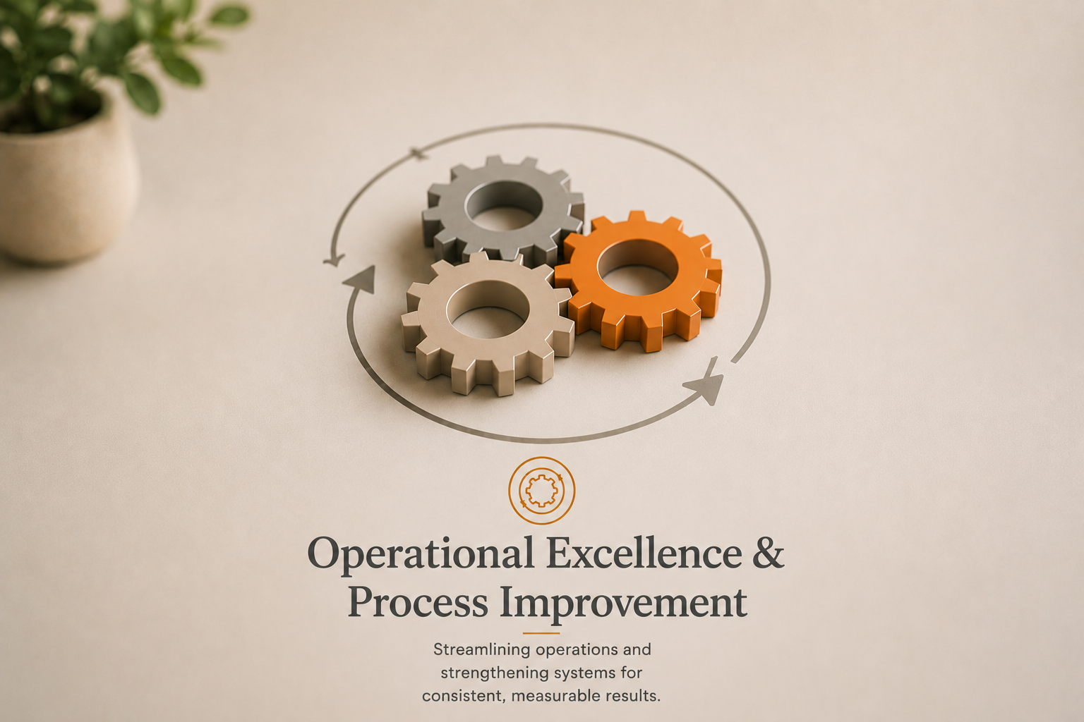 Three interlocking gears, one gray, one beige, and one orange, on a light surface surrounded by a gear-shaped graphic with arrows, representing operational processes and improvement.