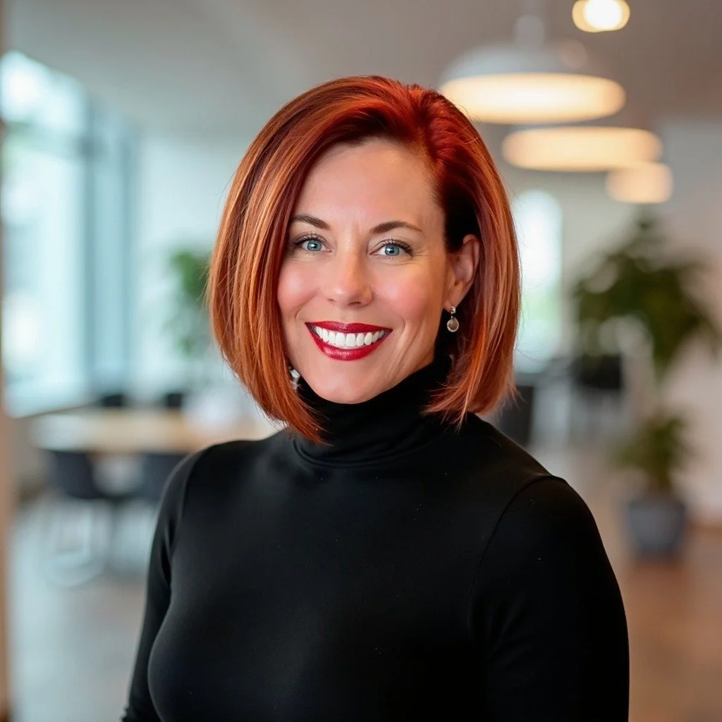 Portrait of a smiling woman with red hair, wearing a black turtleneck and pearl earrings, in a modern office setting.