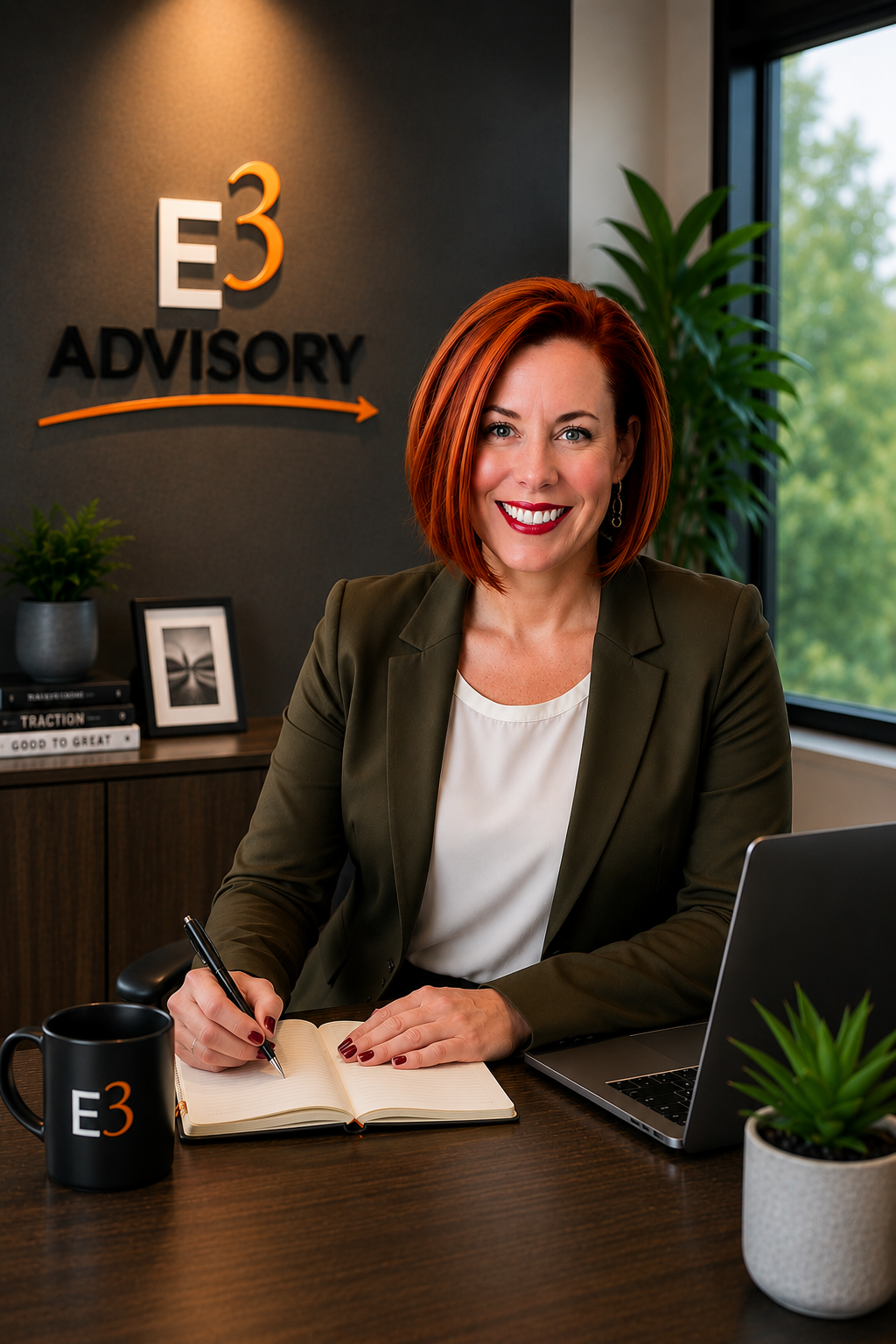 A woman with red hair, smiling, sitting at a desk with a notebook, pen, laptop, and coffee mug, in an office with a sign that reads 'E3 Advisory' on the wall.