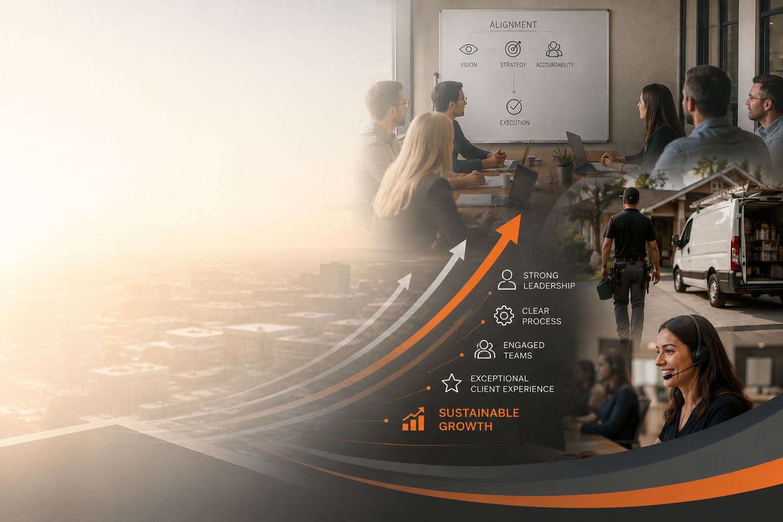 Collage of business scenes with overlay of growth chart and attributes for sustainable growth, including strong leadership, clear process, engaged teams, and exceptional client experience. Top: group of professionals at a meeting; middle: person walking to a van; bottom: customer service with headset.