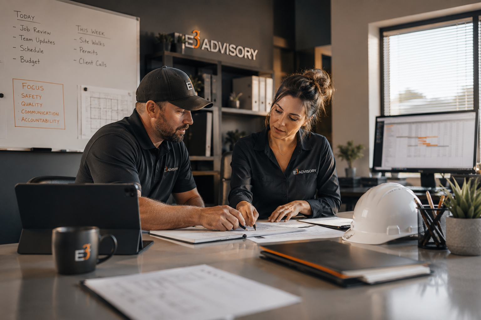 Two professionals reviewing plans at a desk in an office, with a whiteboard and computer displays in the background.