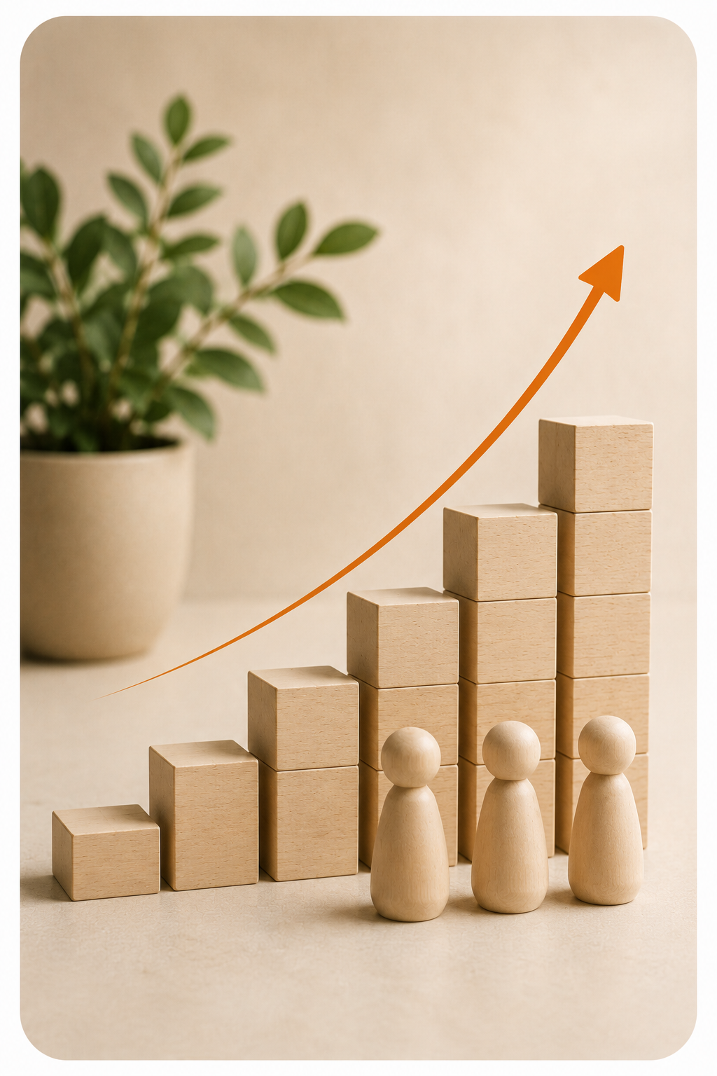 Wooden blocks and figurines arranged in increasing height to symbolize growth, with an upward arrow and a potted plant in the background.