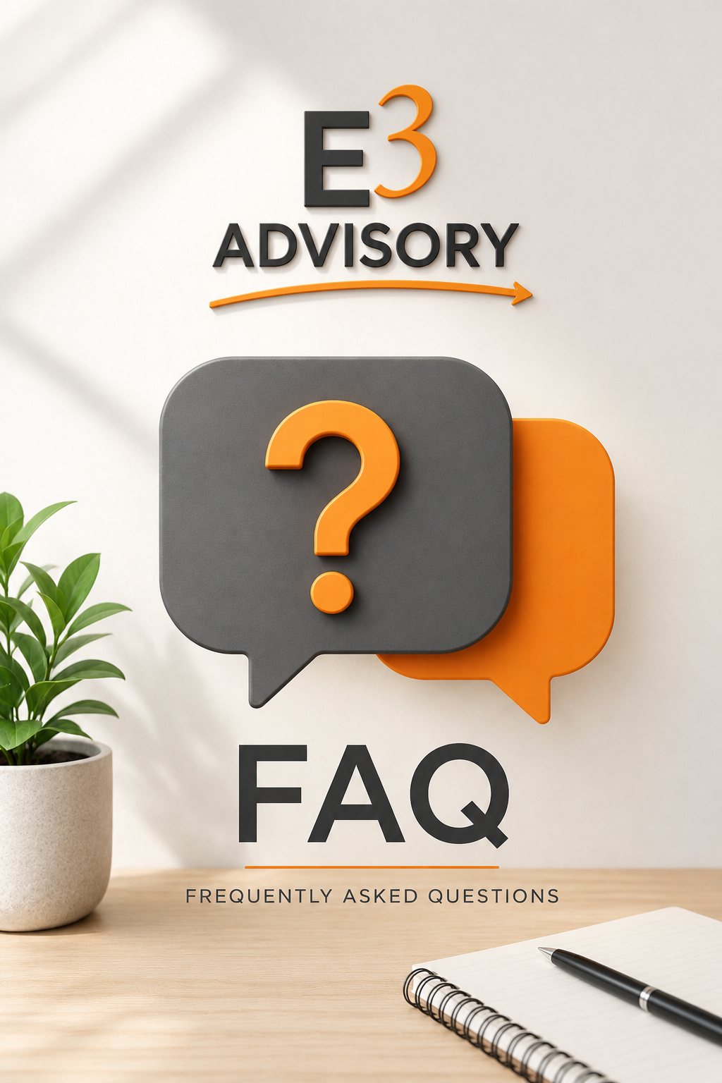 FAQ sign with speech bubbles and a question mark, next to a potted plant and a notepad with a pen on a wooden surface.