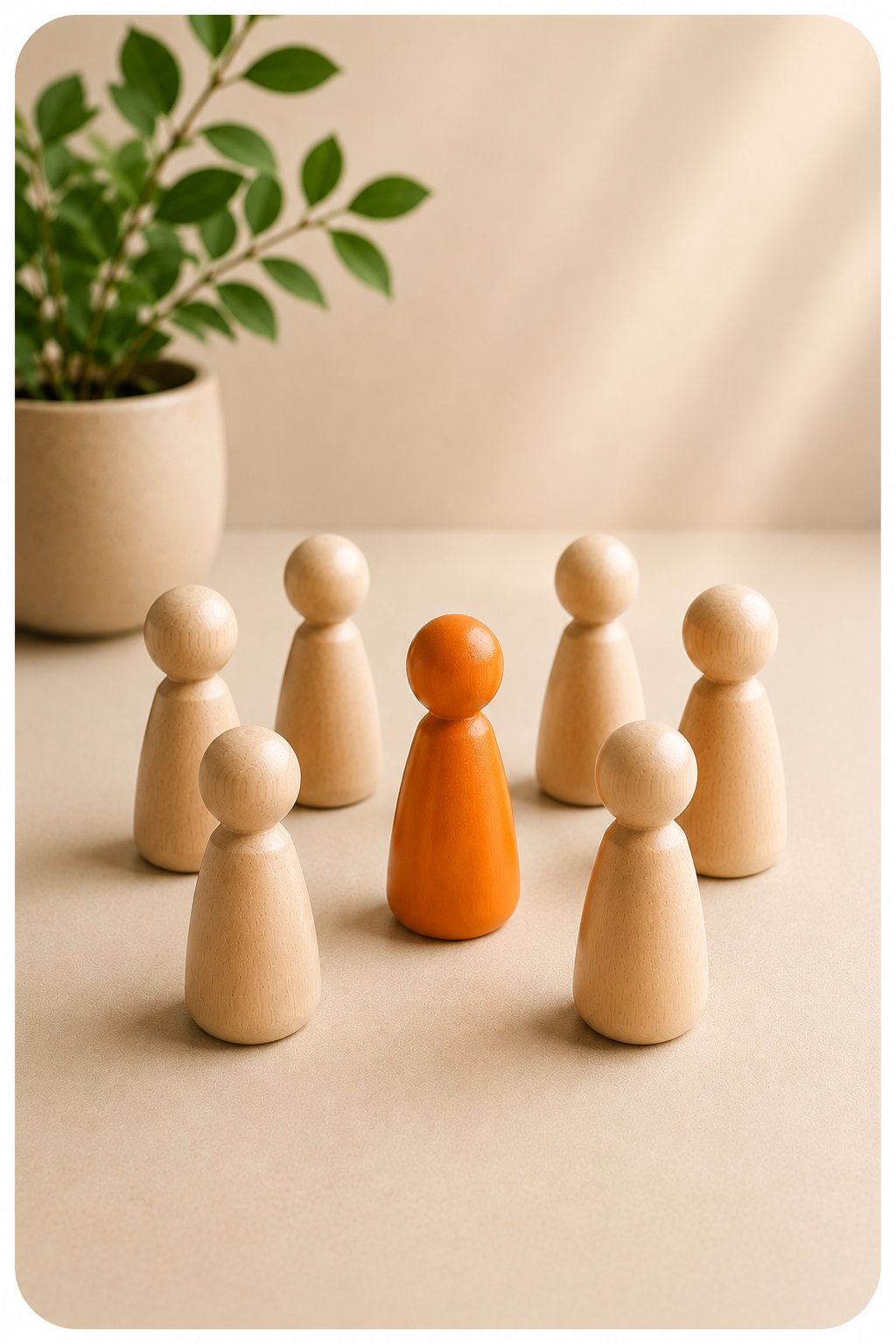 A group of seven wooden peg figures on a beige surface, with one orange peg in the center surrounded by six light-colored pegs, and a potted plant with green leaves in the background.