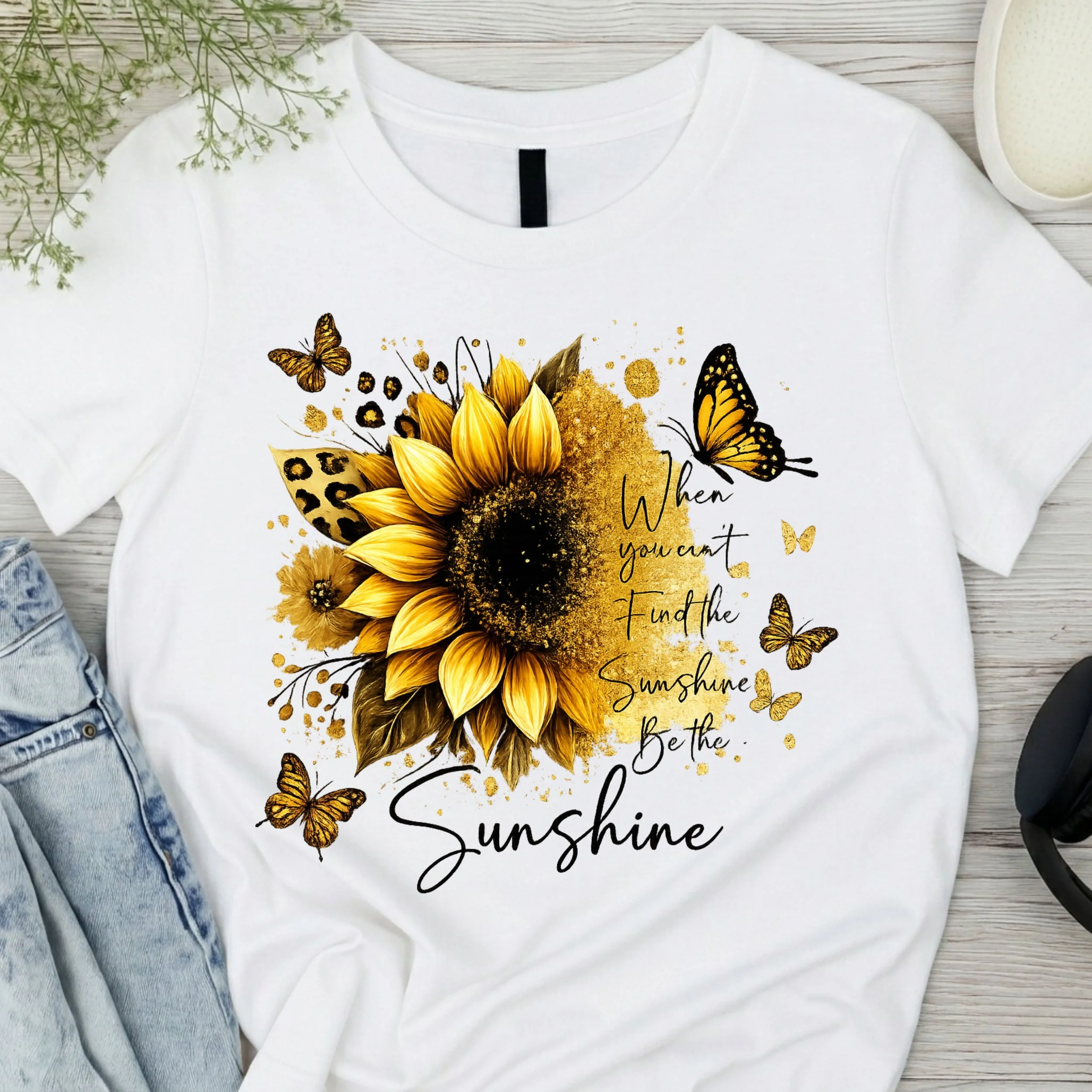 "Be The Sunshine" Sunflower & Butterfly Graphic T-Shirt - Inspirational Floral Apparel - Uplifting Quote Tee
