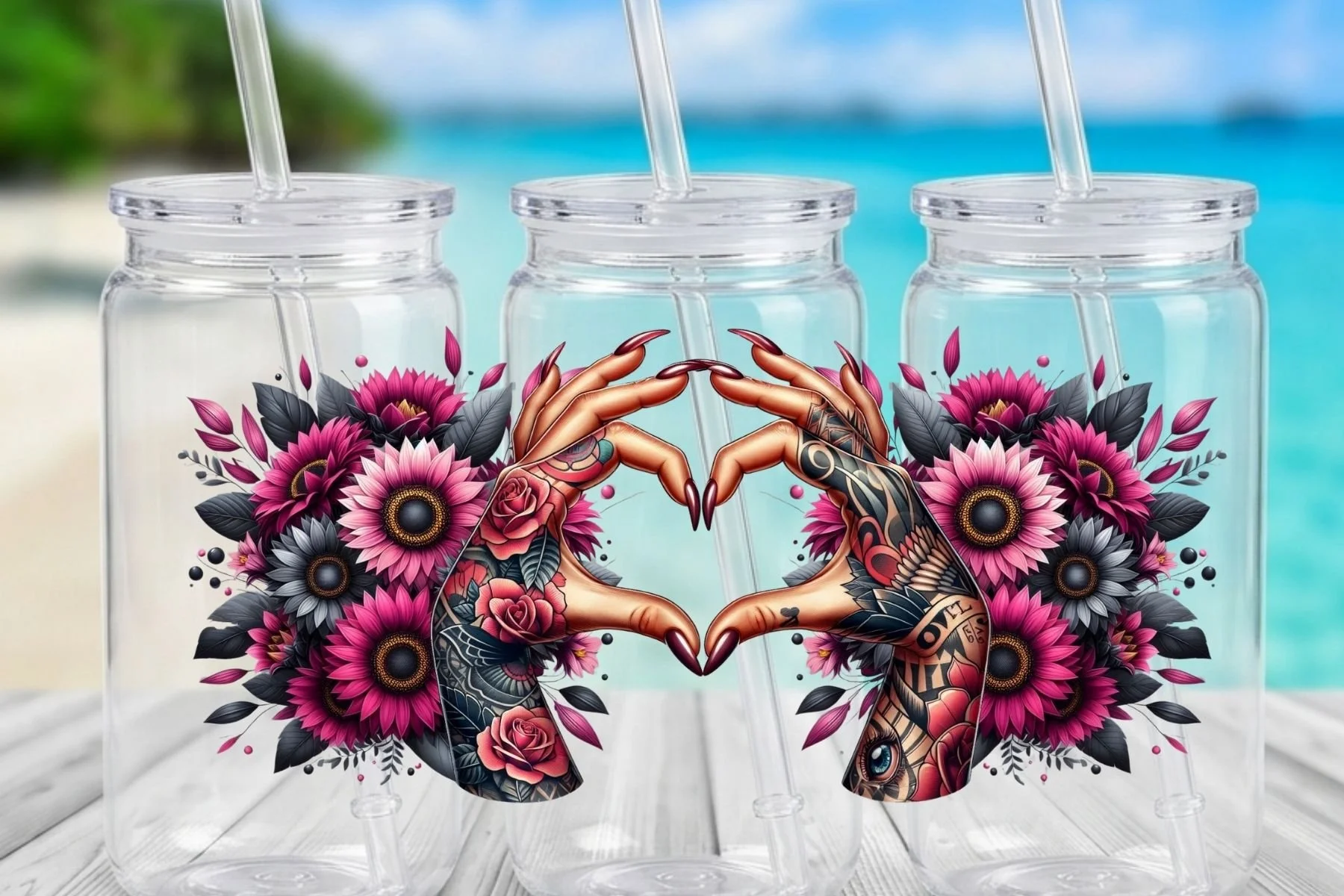 Tattooed Hands Heart & Pink Sunflower 16 oz. Can-Shaped Plastic Tumbler